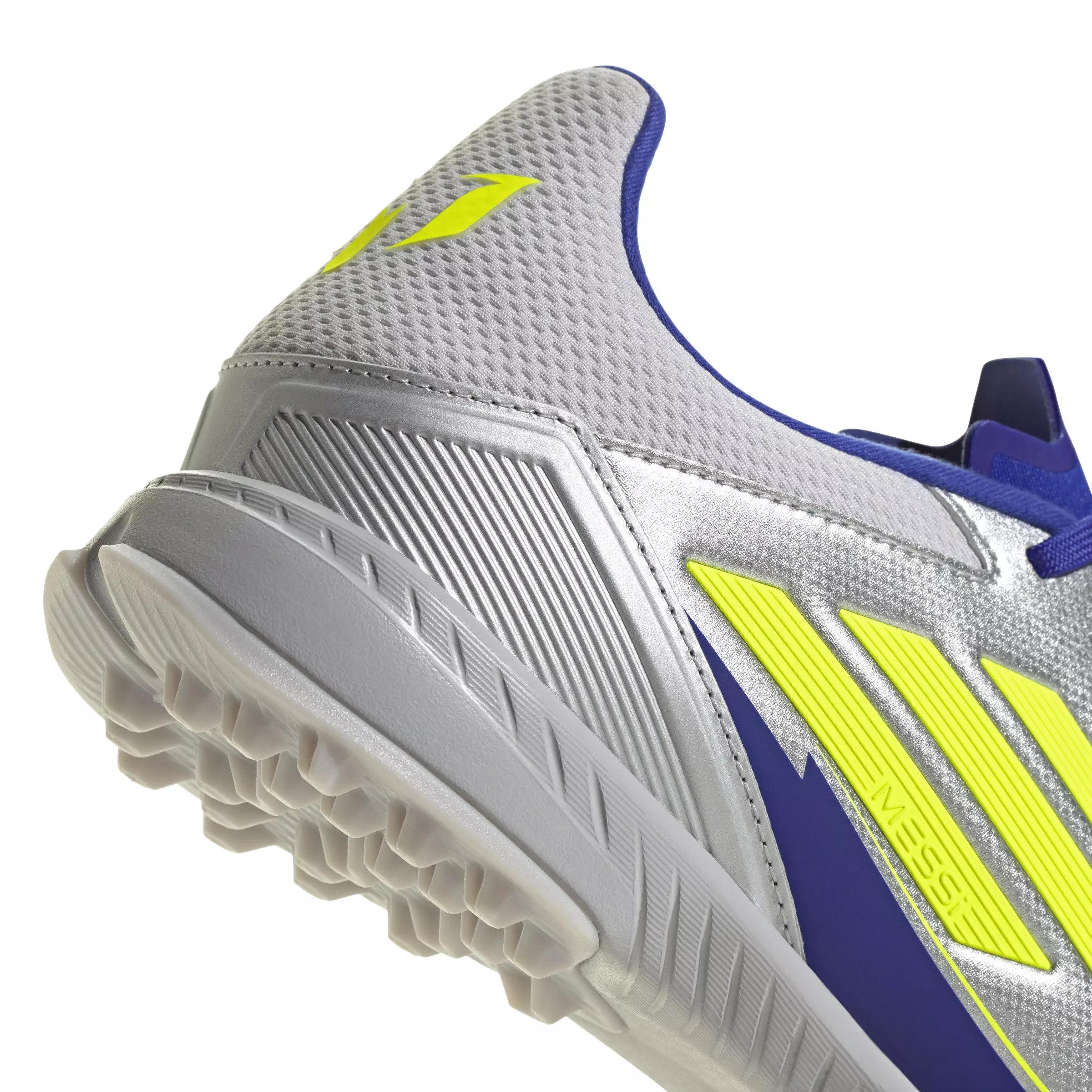 adidas F50 League Messi Turf "Silver Metallic/Solar Yellow/Lucid Blue" Unisex Soccer Shoe - SILVER/YELLOW/BLUE