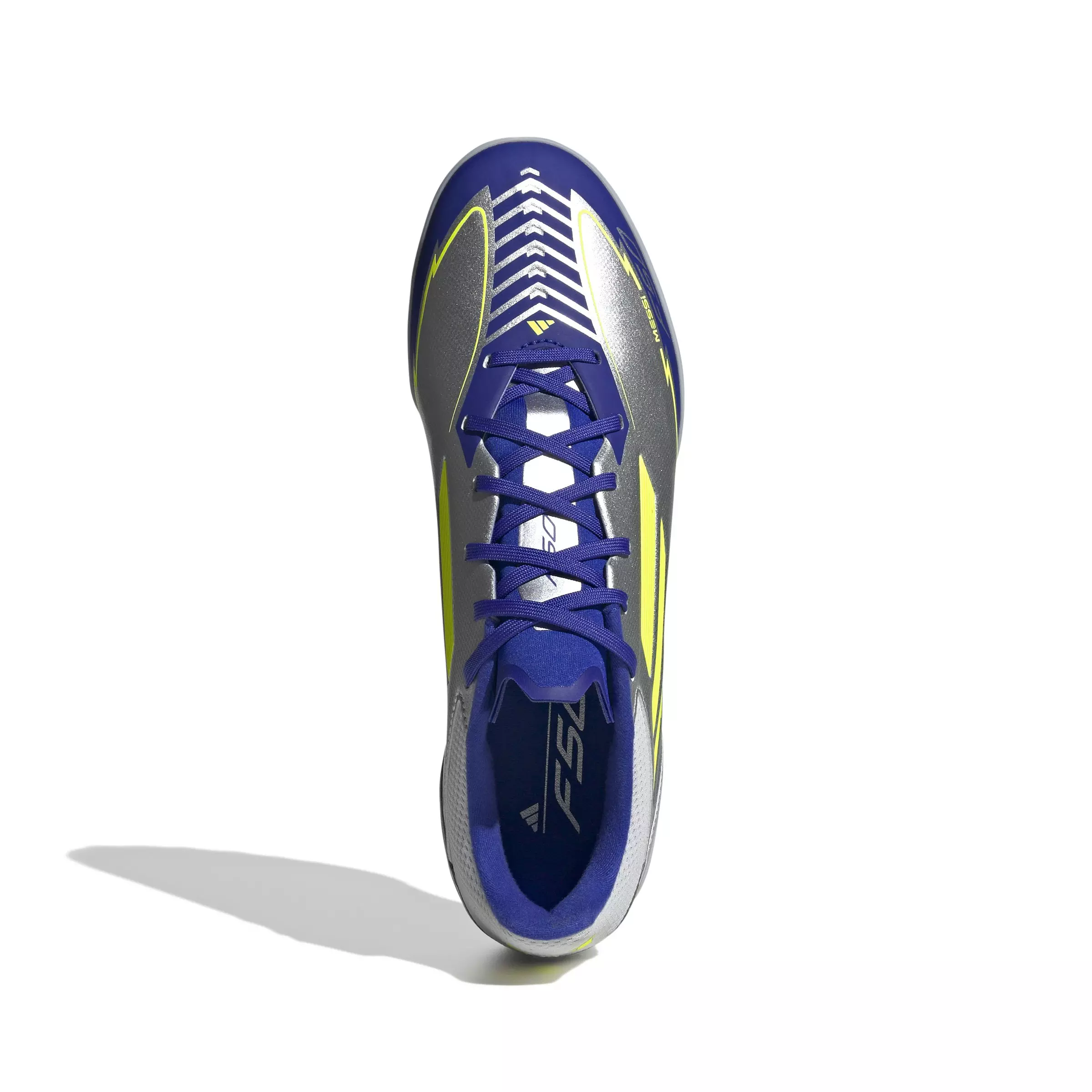adidas F50 League Messi Turf "Silver Metallic/Solar Yellow/Lucid Blue" Unisex Soccer Shoe - SILVER/YELLOW/BLUE