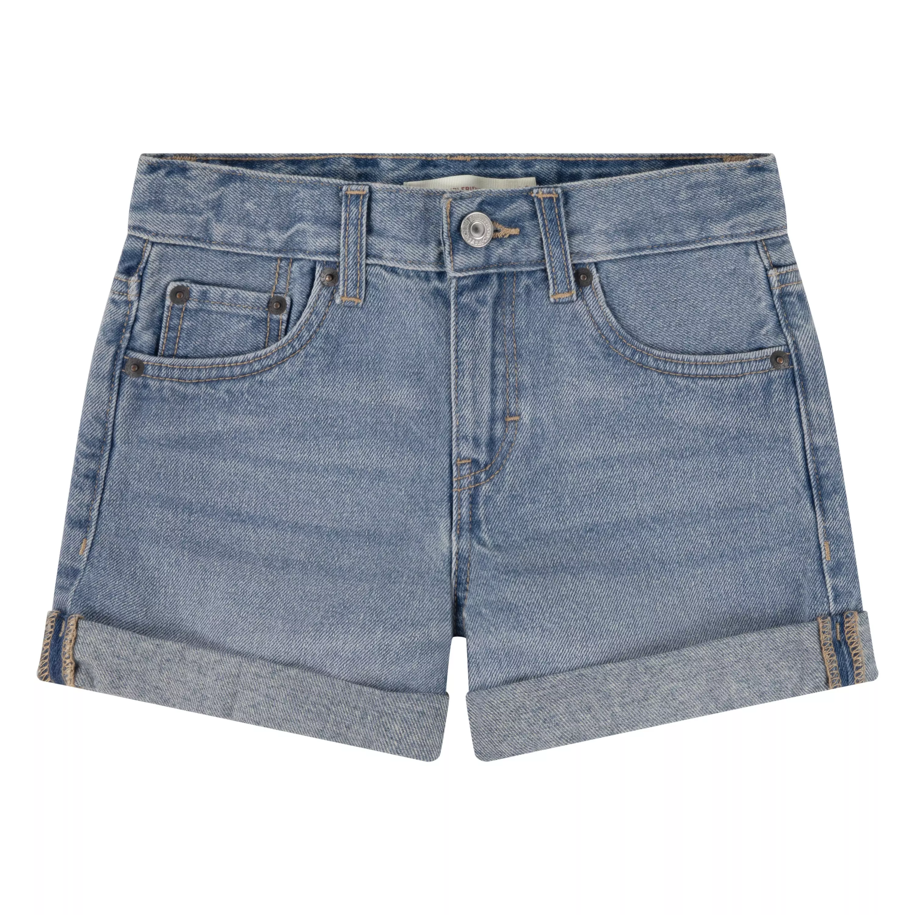Levi's Big Girls' Girlfriend Fit Light Blue Roll-Up Wash Denim Shorty Shorts - AS SHOWN