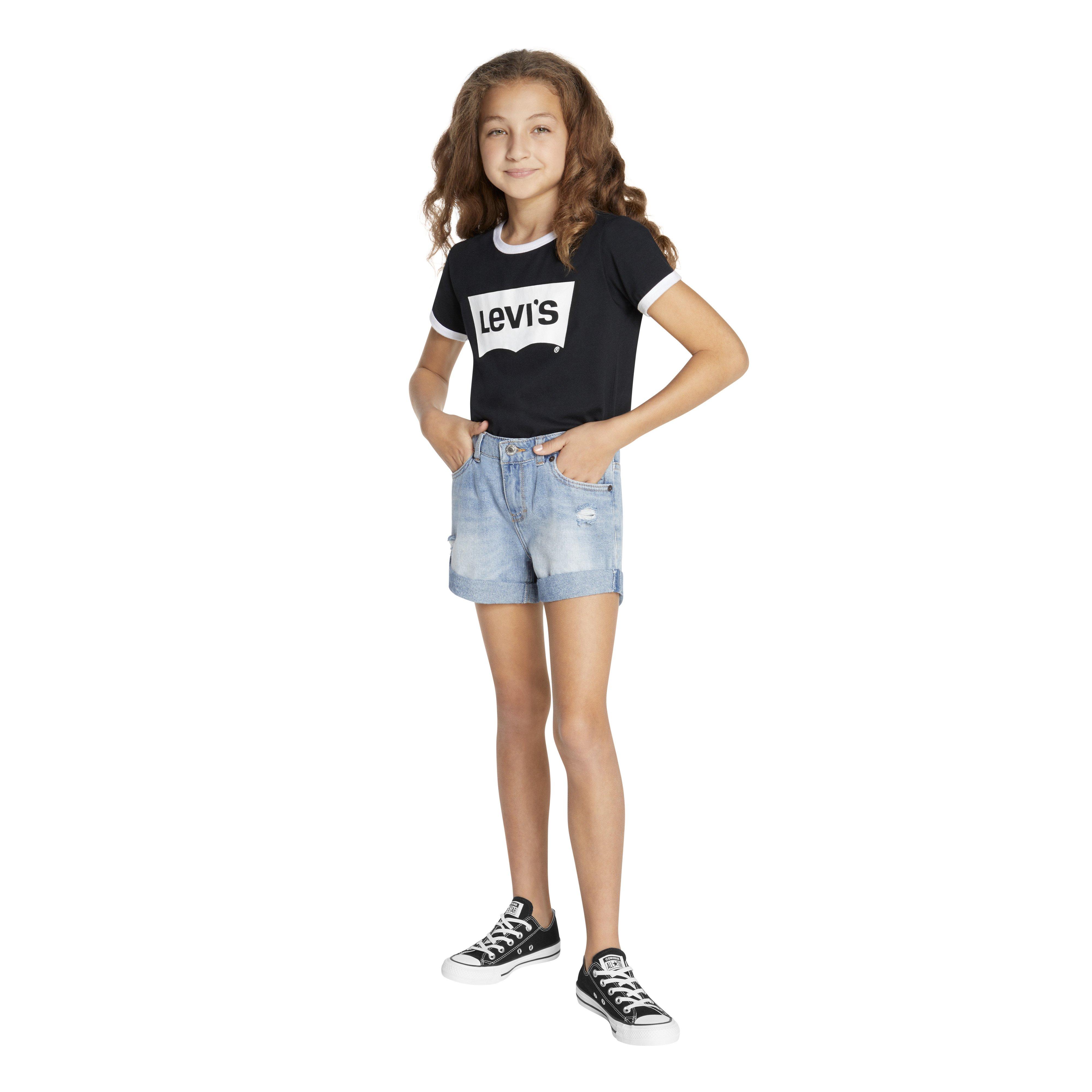 Levi's Girlfriend Fit Roll-Up Big Girls' Light Blue Wash Denim Shorty Shorts