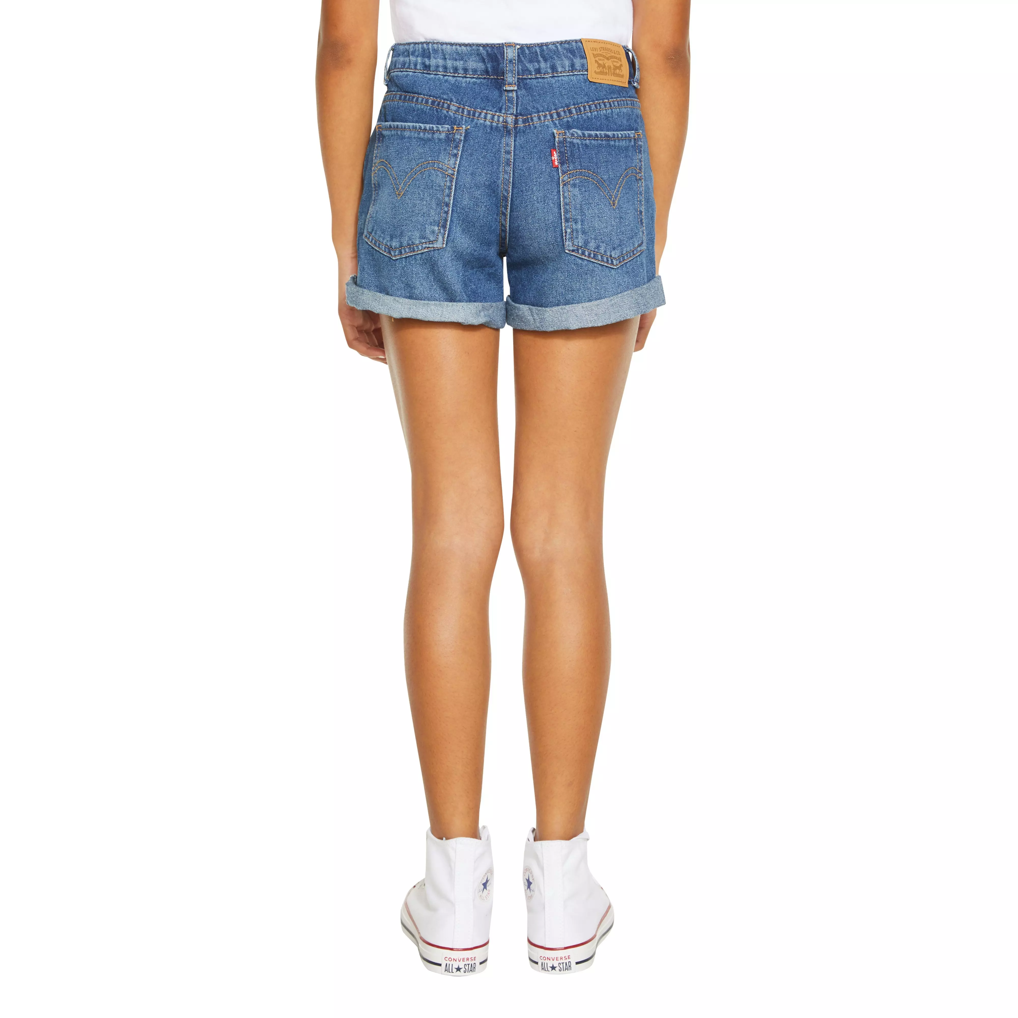 Levi's Big Girls' Girlfriend Fit Roll-Up Medium Blue Wash Denim Shorty Shorts - BLUE