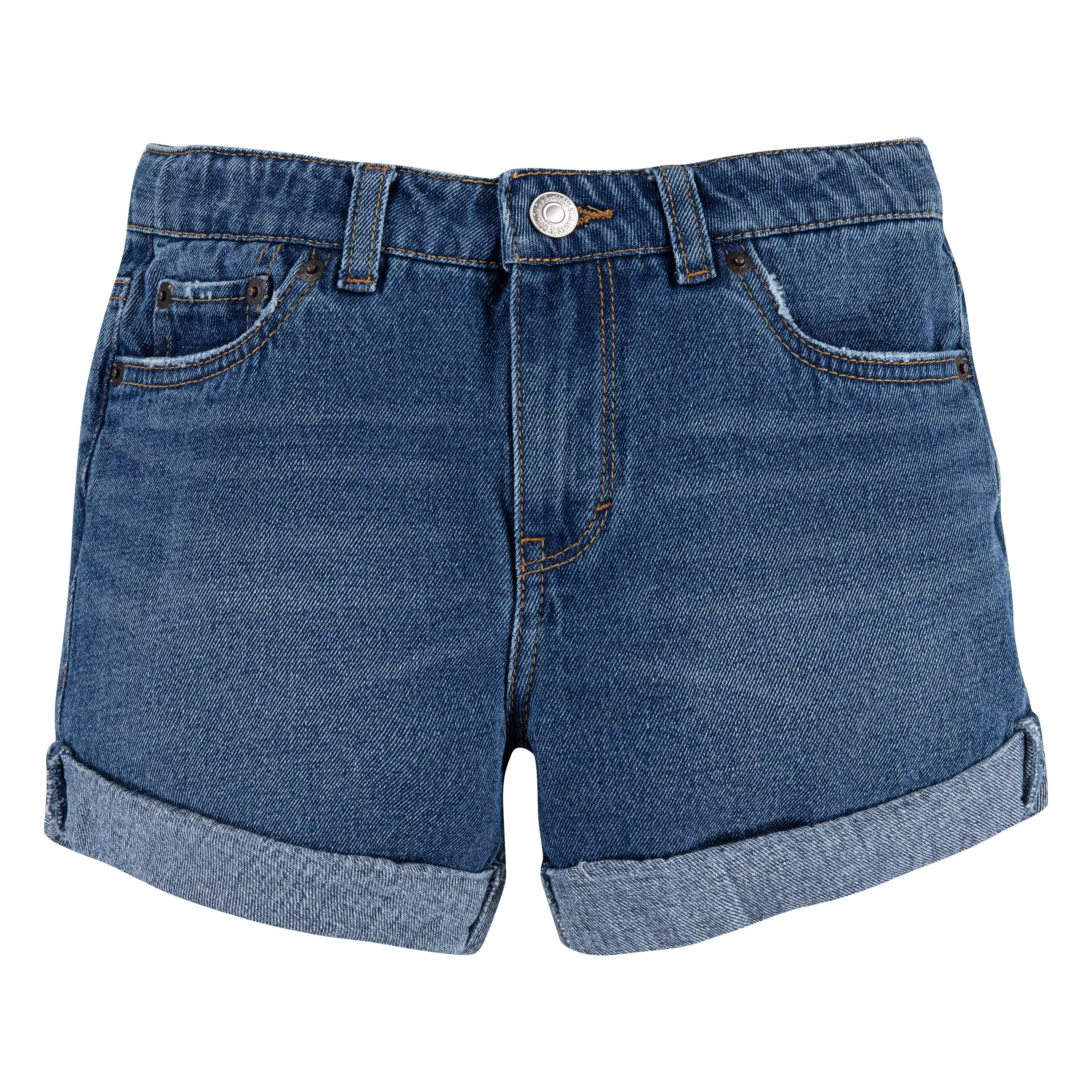 Levi's Big Girls' Girlfriend Fit Roll-Up Medium Blue Wash Denim Shorty Shorts - BLUE