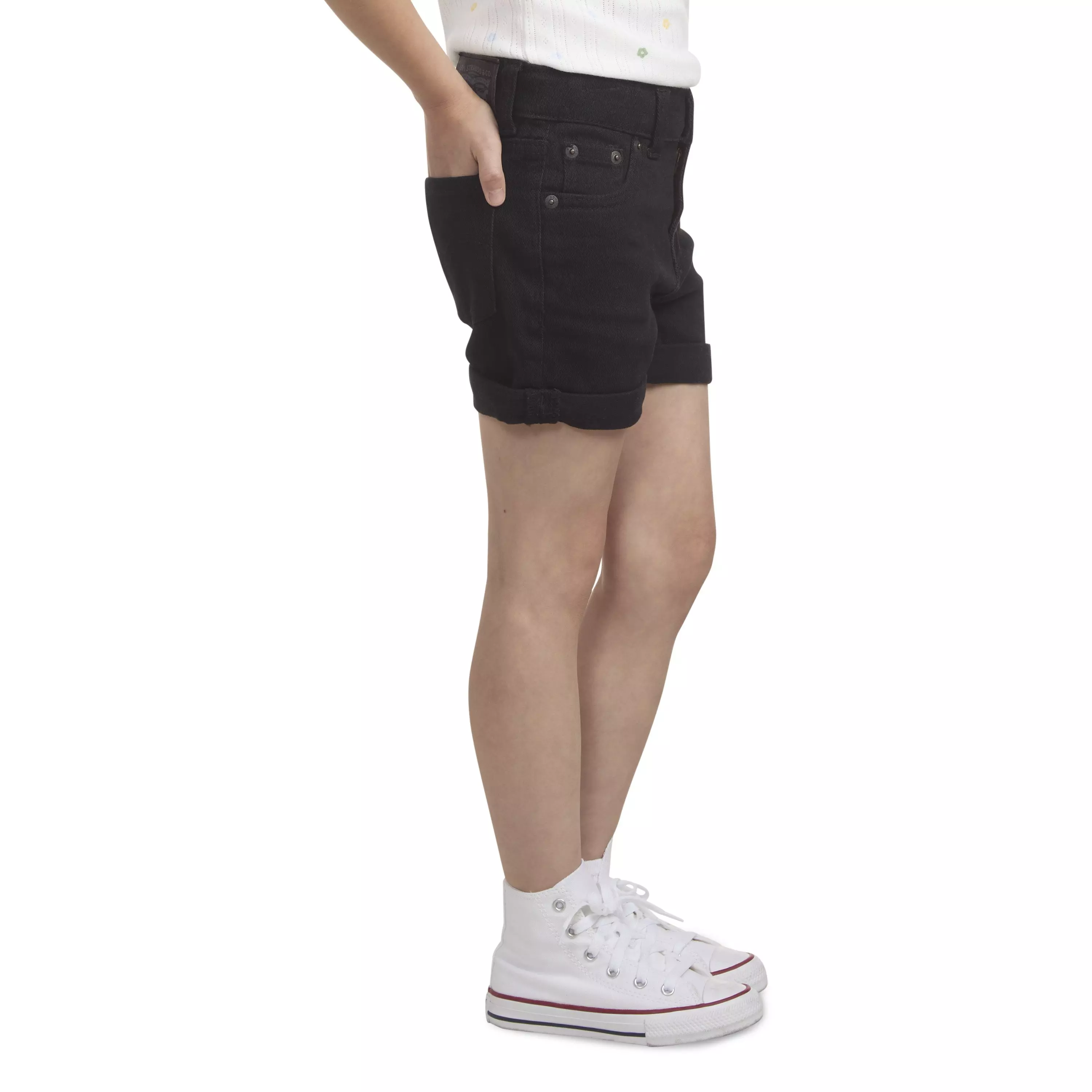 Levi's Little Girls' Girlfriend Fit Roll-Up Black Wash Denim Shorty Shorts - BLACK