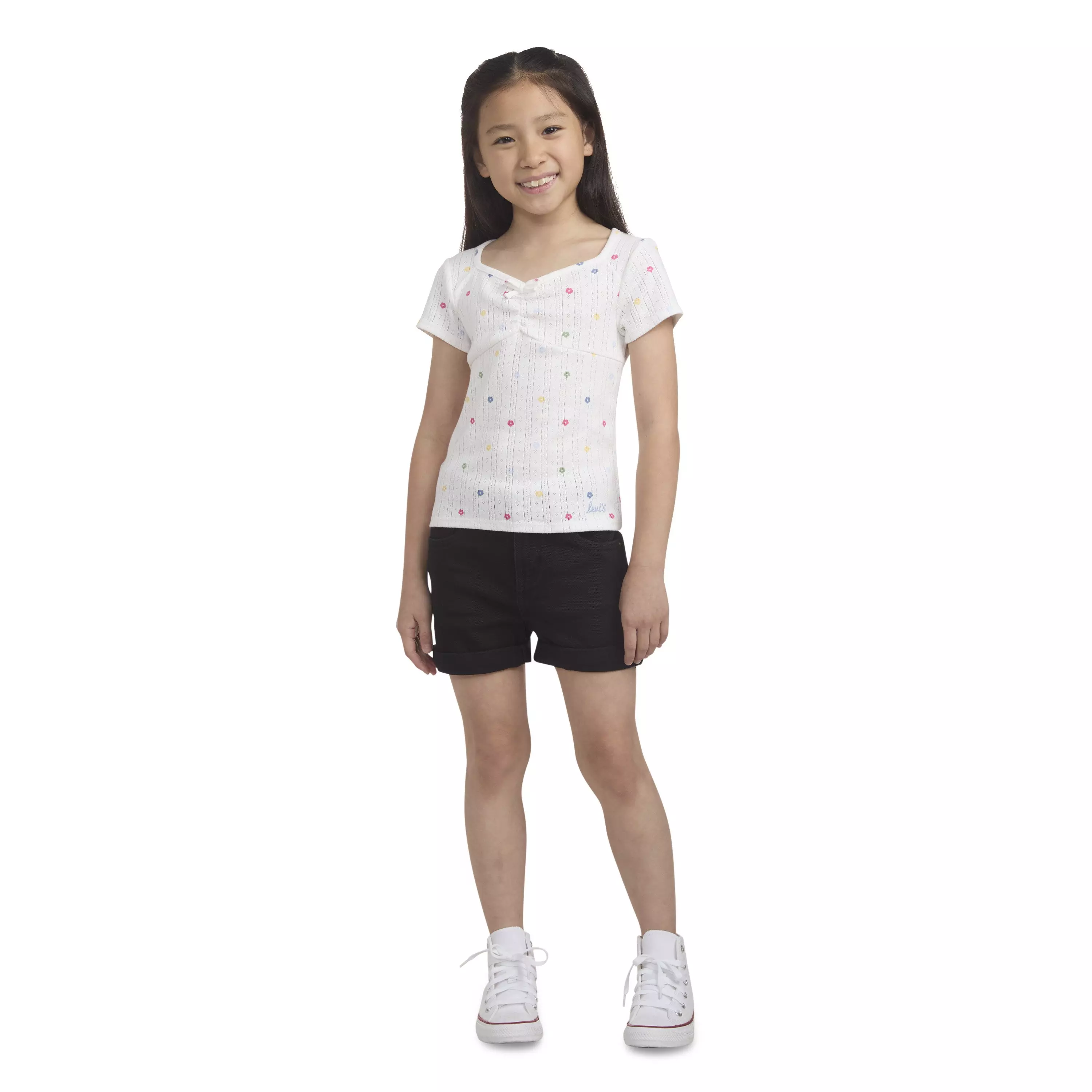 Levi's Little Girls' Girlfriend Fit Roll-Up Black Wash Denim Shorty Shorts - BLACK