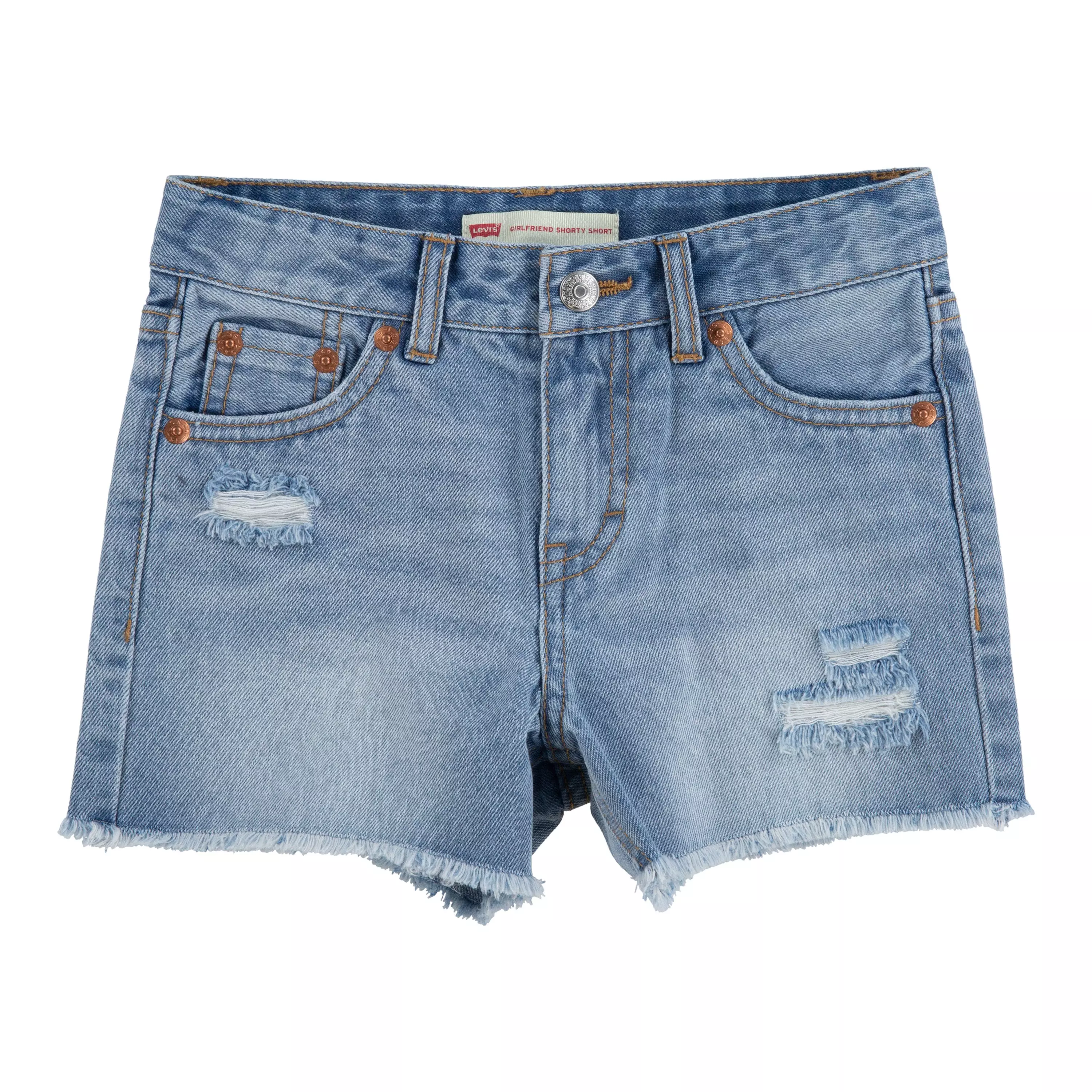 Levi's Little Girls' Girlfriend Fit Light Wash Distressed Denim Shorty Shorts - AS SHOWN
