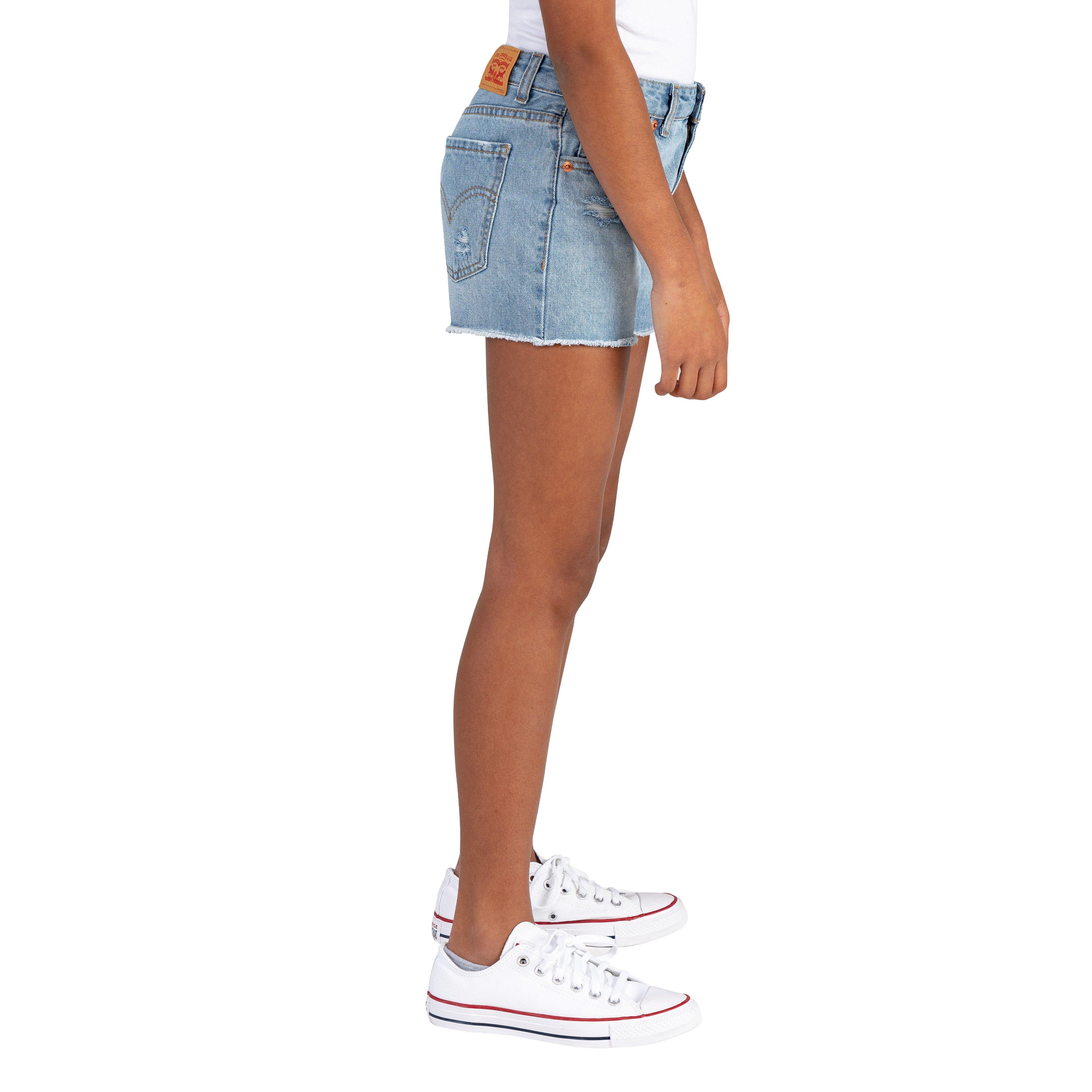 Levi's Girlfriend Fit Distressed Big Girls' Light Wash Denim Shorty Shorts