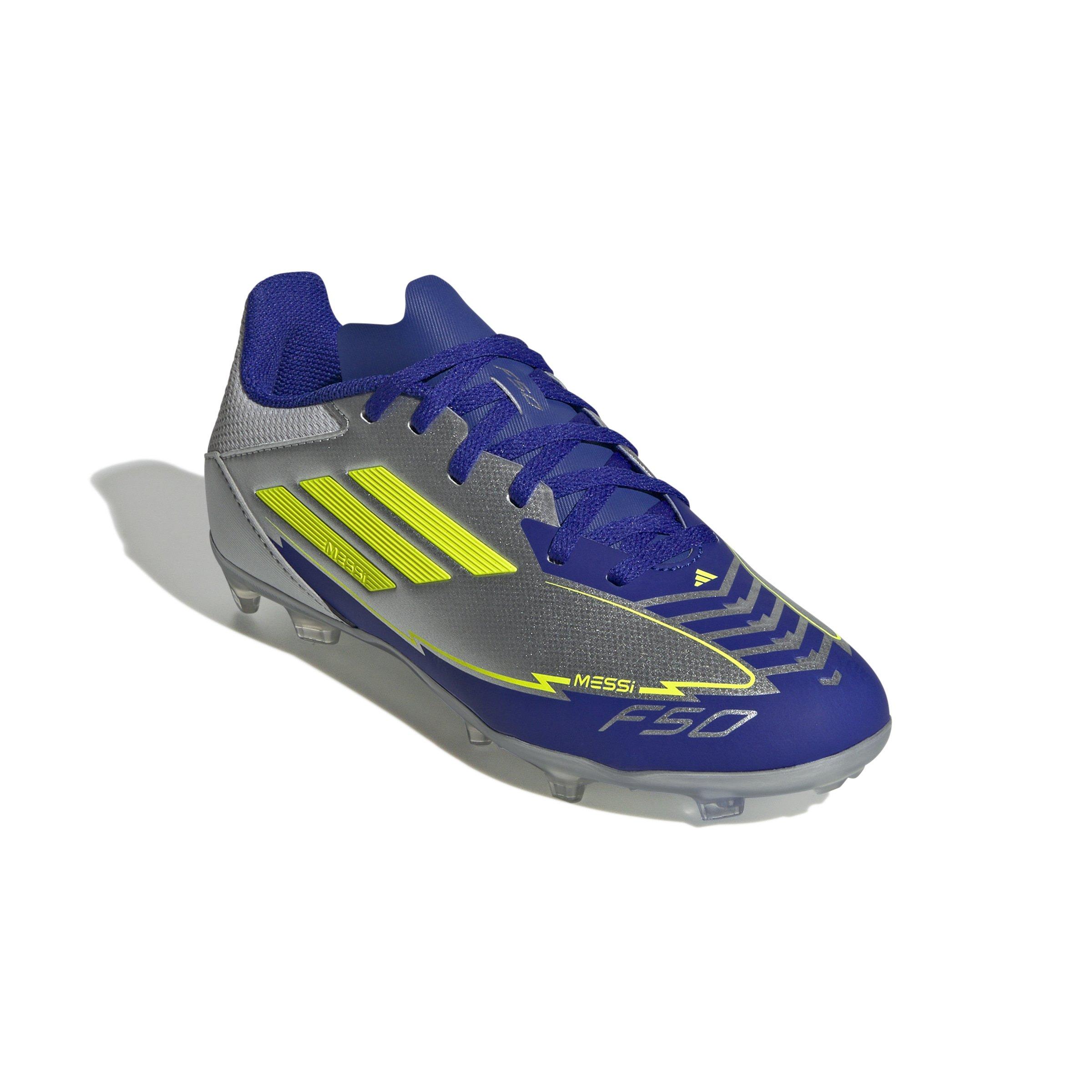 adidas F50 League Messi MG  Grade School Kids' "Silver Metallic/Yellow/Lucid Blue" Soccer Cleat