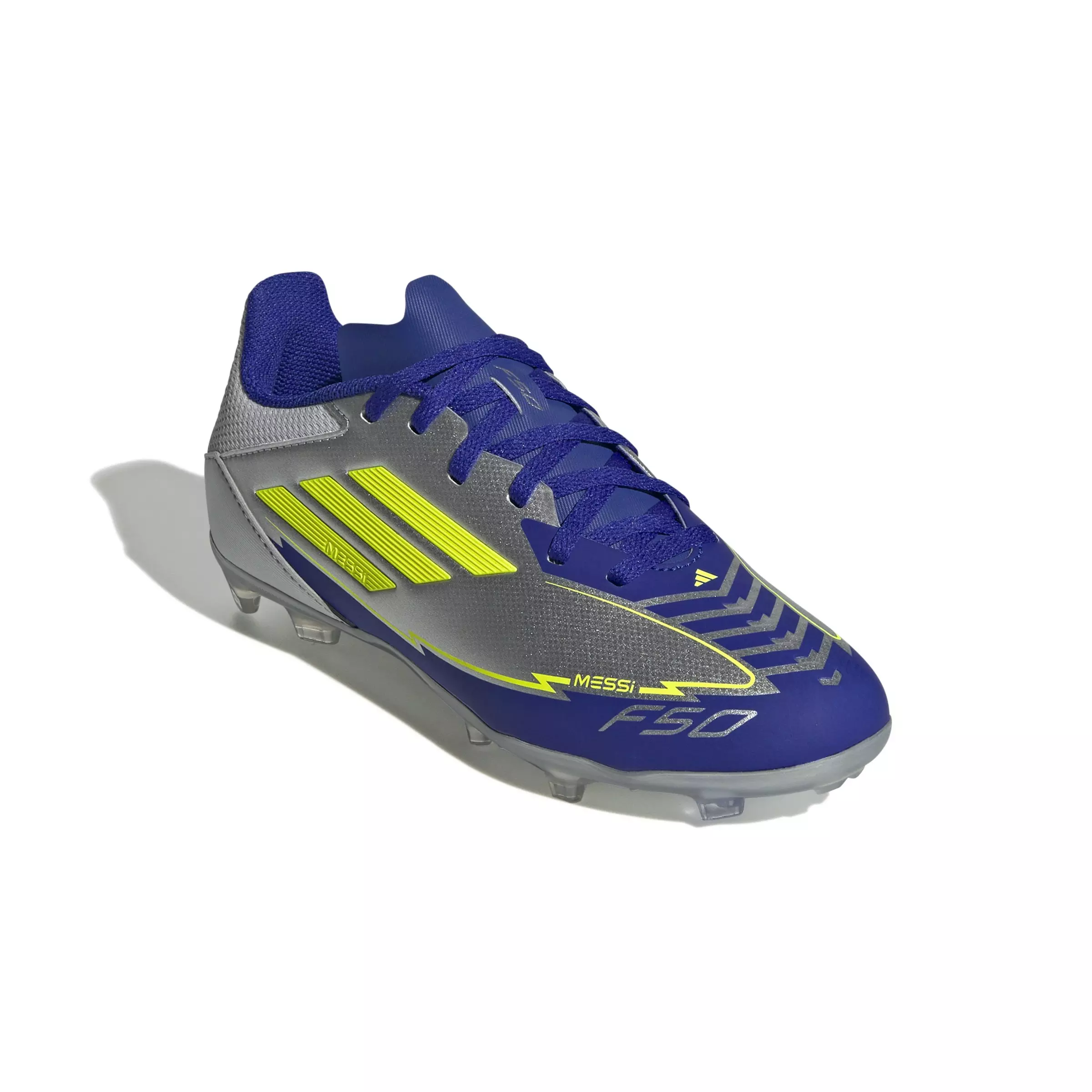 adidas F50 League Messi MG "Silver Metallic/Yellow/Lucid Blue" Grade School Kids' Soccer Cleat - SILVER/YELLOW/BLUE