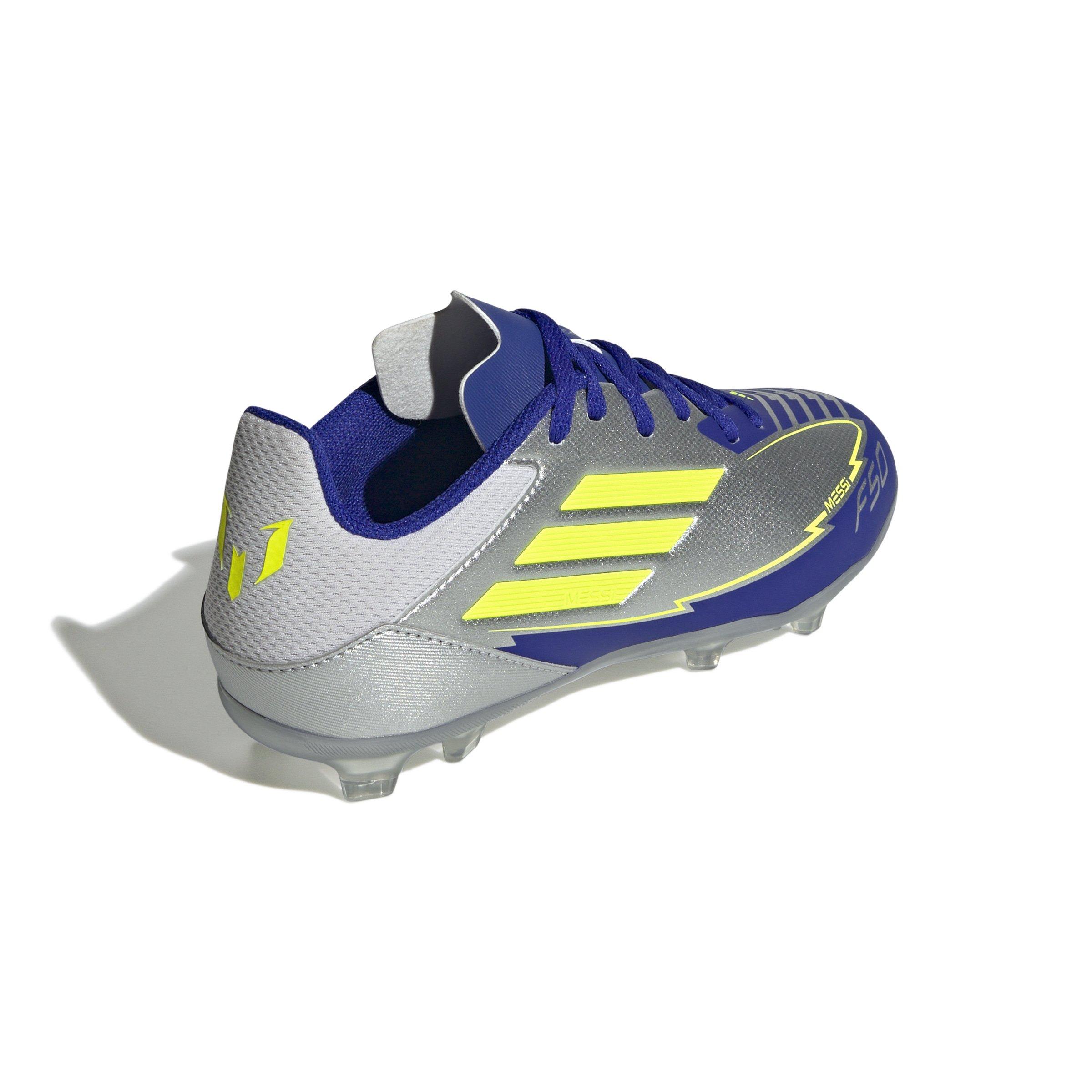 adidas F50 League Messi MG  Grade School Kids' "Silver Metallic/Yellow/Lucid Blue" Soccer Cleat