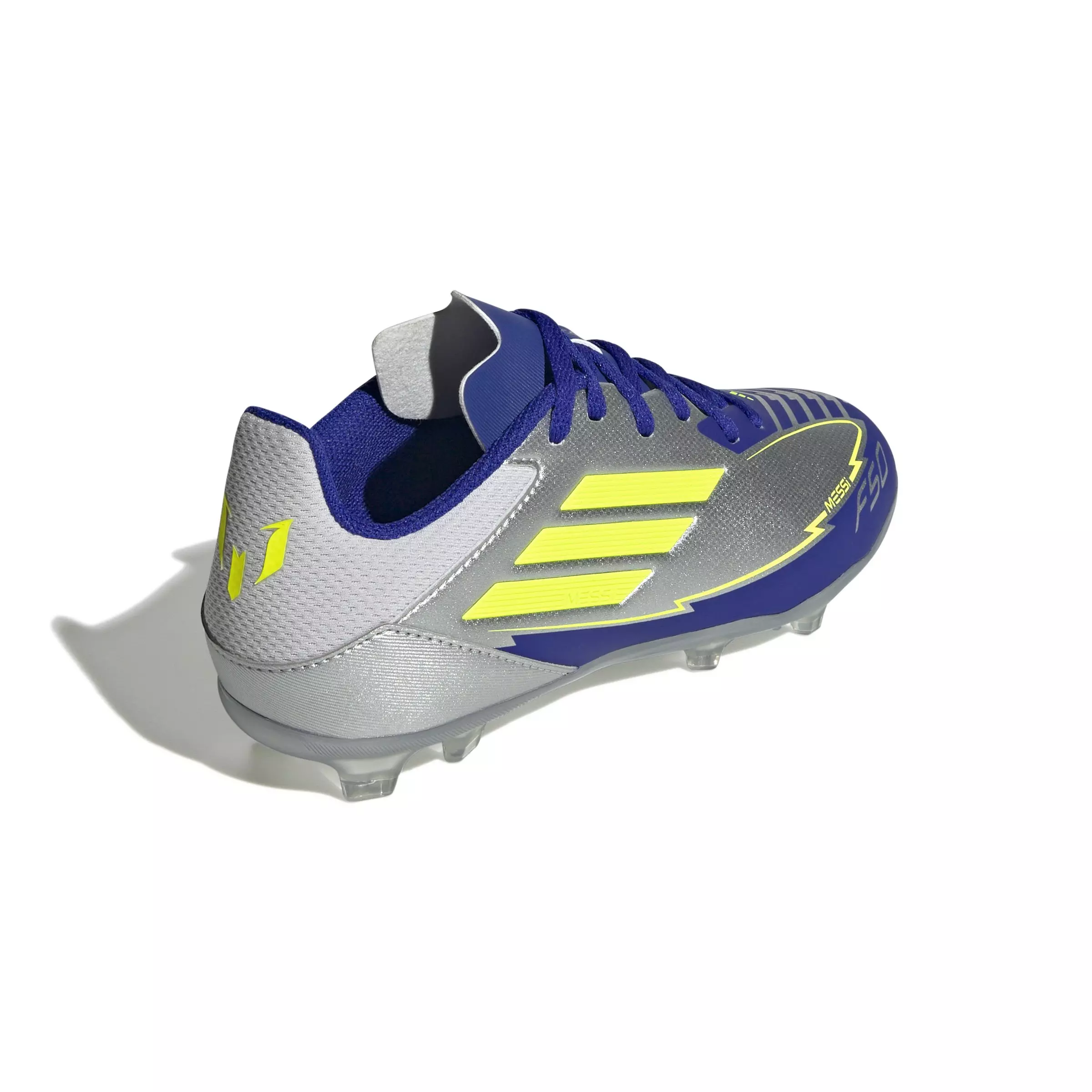 adidas F50 League Messi MG "Silver Metallic/Yellow/Lucid Blue" Grade School Kids' Soccer Cleat - SILVER/YELLOW/BLUE