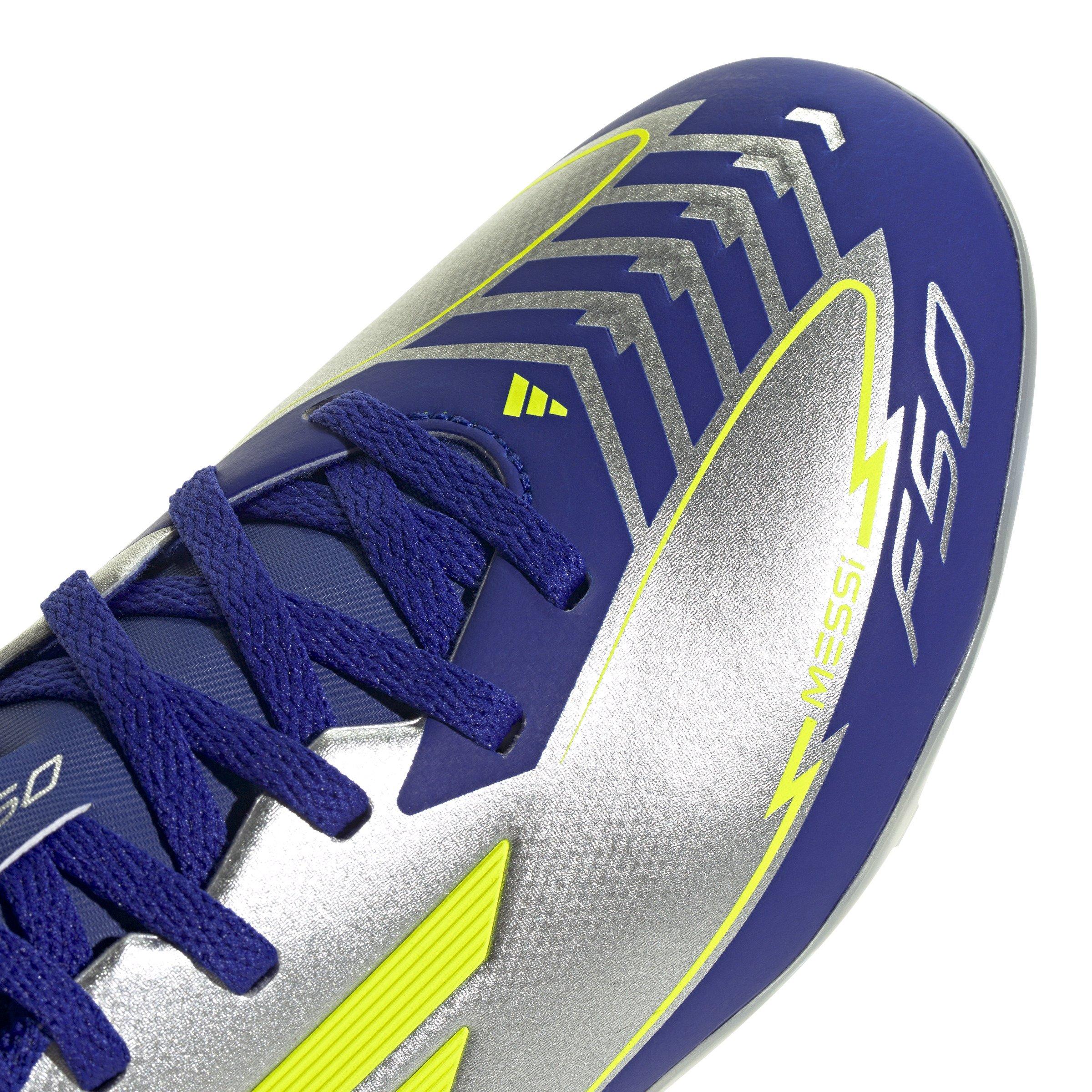 adidas F50 League Messi MG  Grade School Kids' "Silver Metallic/Yellow/Lucid Blue" Soccer Cleat