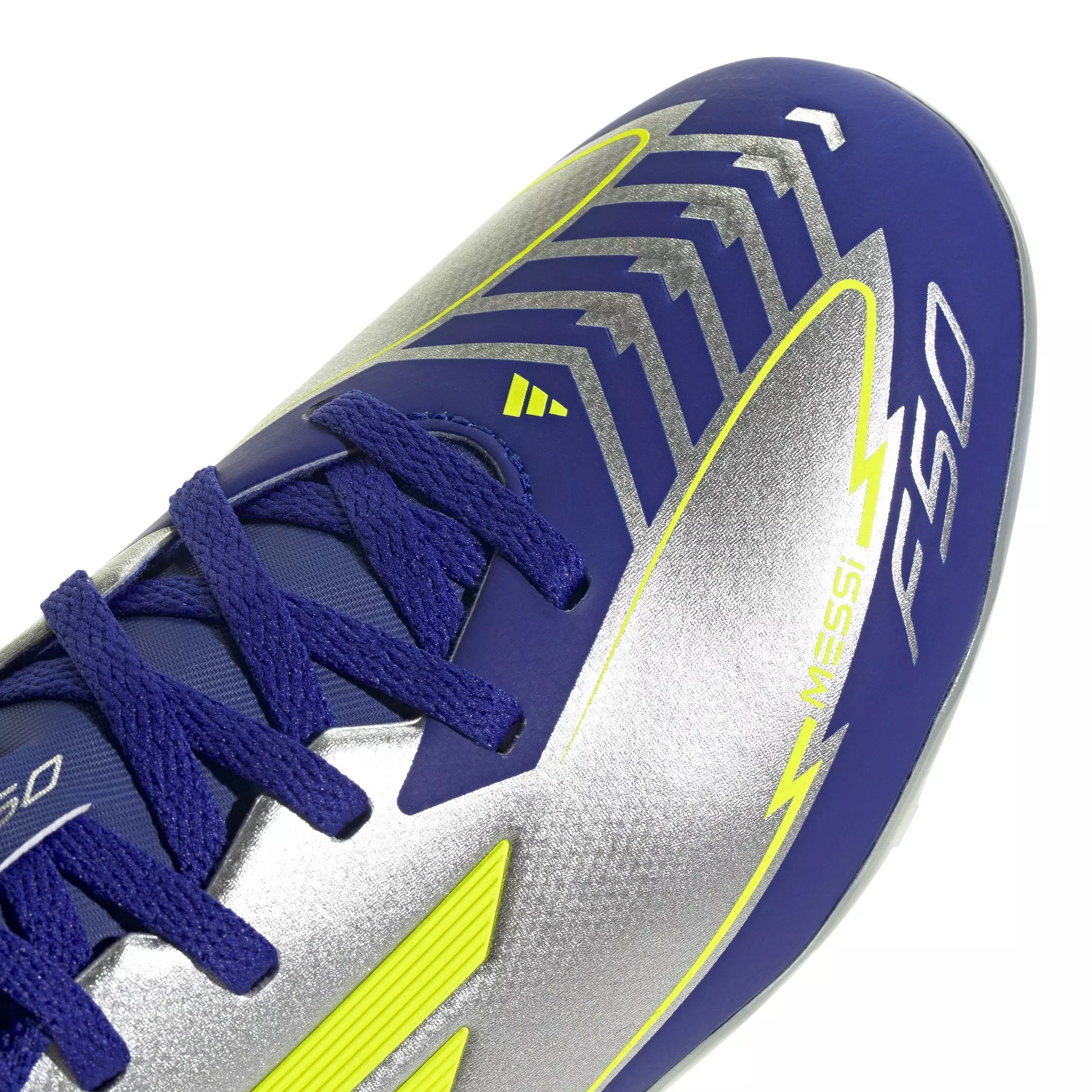adidas F50 League Messi MG "Silver Metallic/Yellow/Lucid Blue" Grade School Kids' Soccer Cleat - SILVER/YELLOW/BLUE