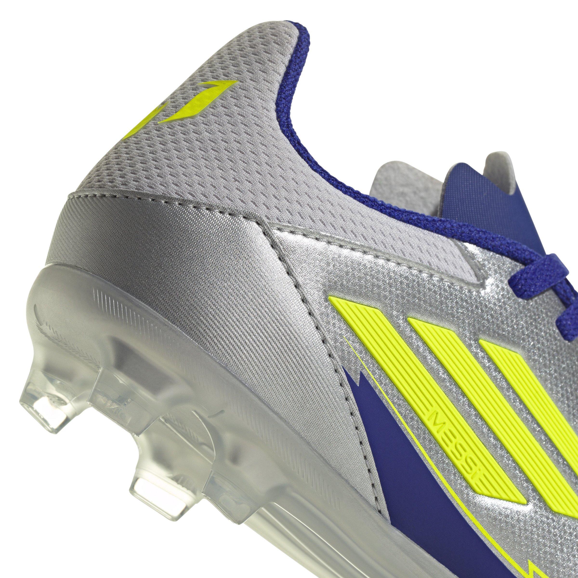 adidas F50 League Messi MG  Grade School Kids' "Silver Metallic/Yellow/Lucid Blue" Soccer Cleat
