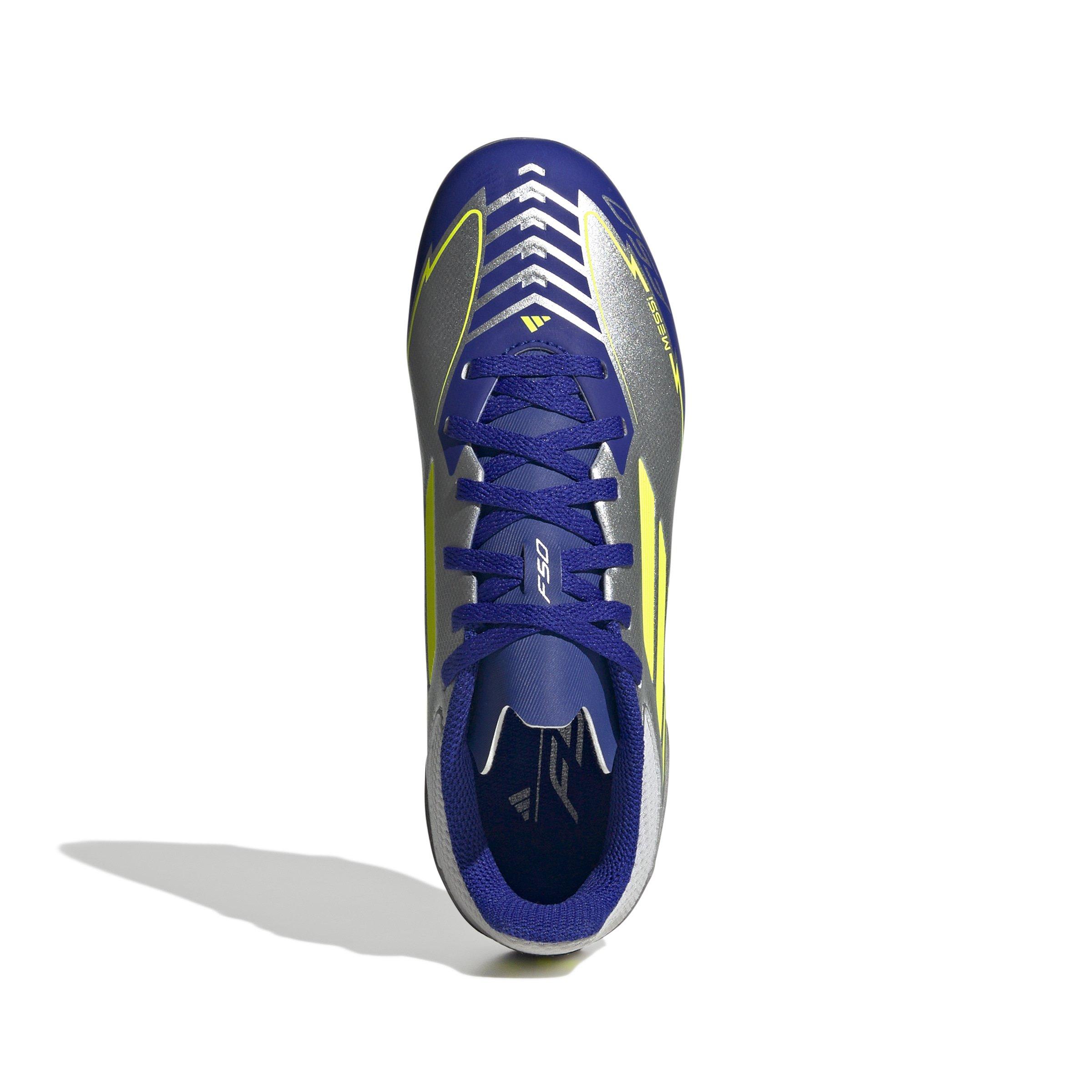 adidas F50 League Messi MG  Grade School Kids' "Silver Metallic/Yellow/Lucid Blue" Soccer Cleat