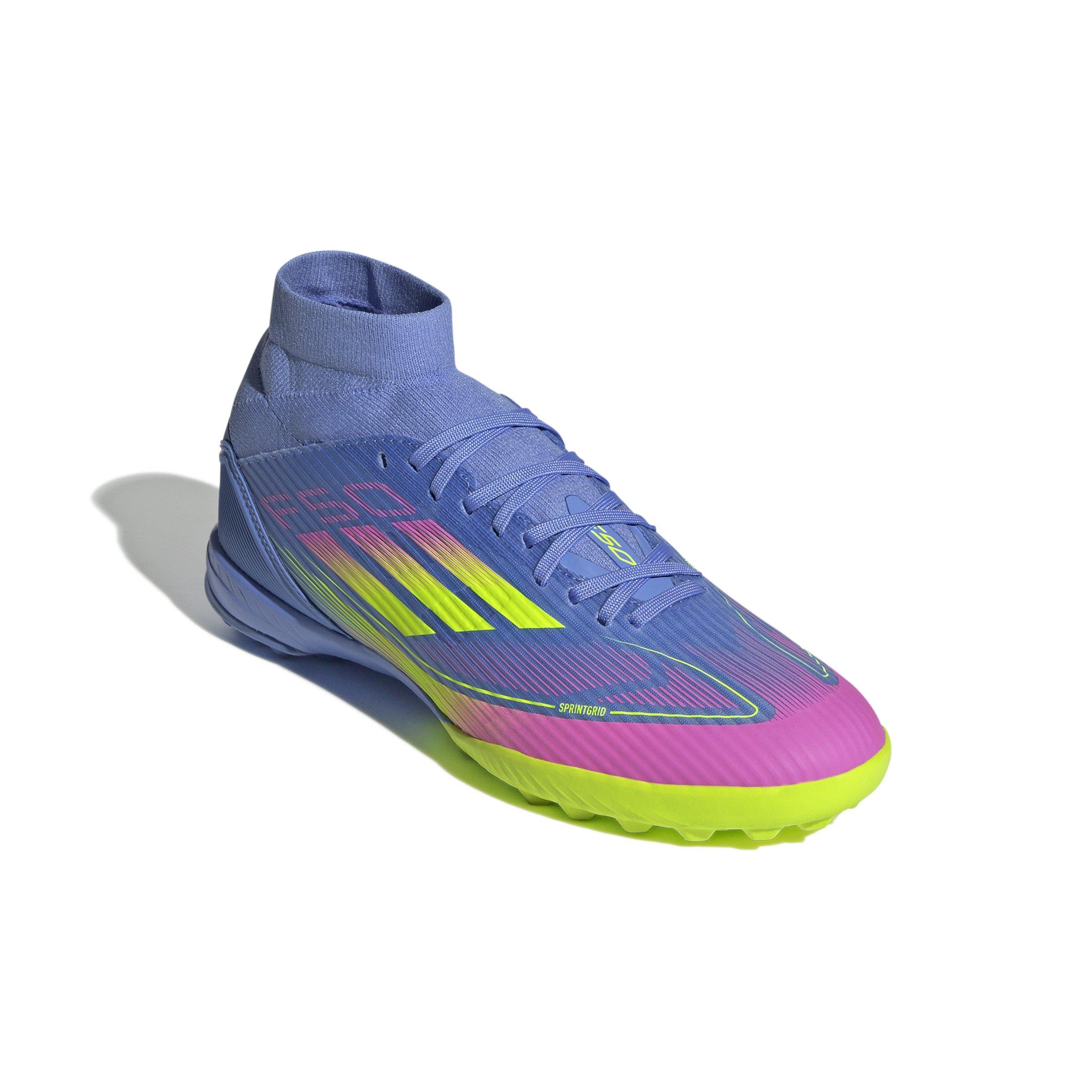 adidas F50 League Mid Turf "Blue Fusion/Lucid Lemon/Lucid Pink" Women's Soccer Shoe - BLUE/LEMON/PINK Thumbnail View 3