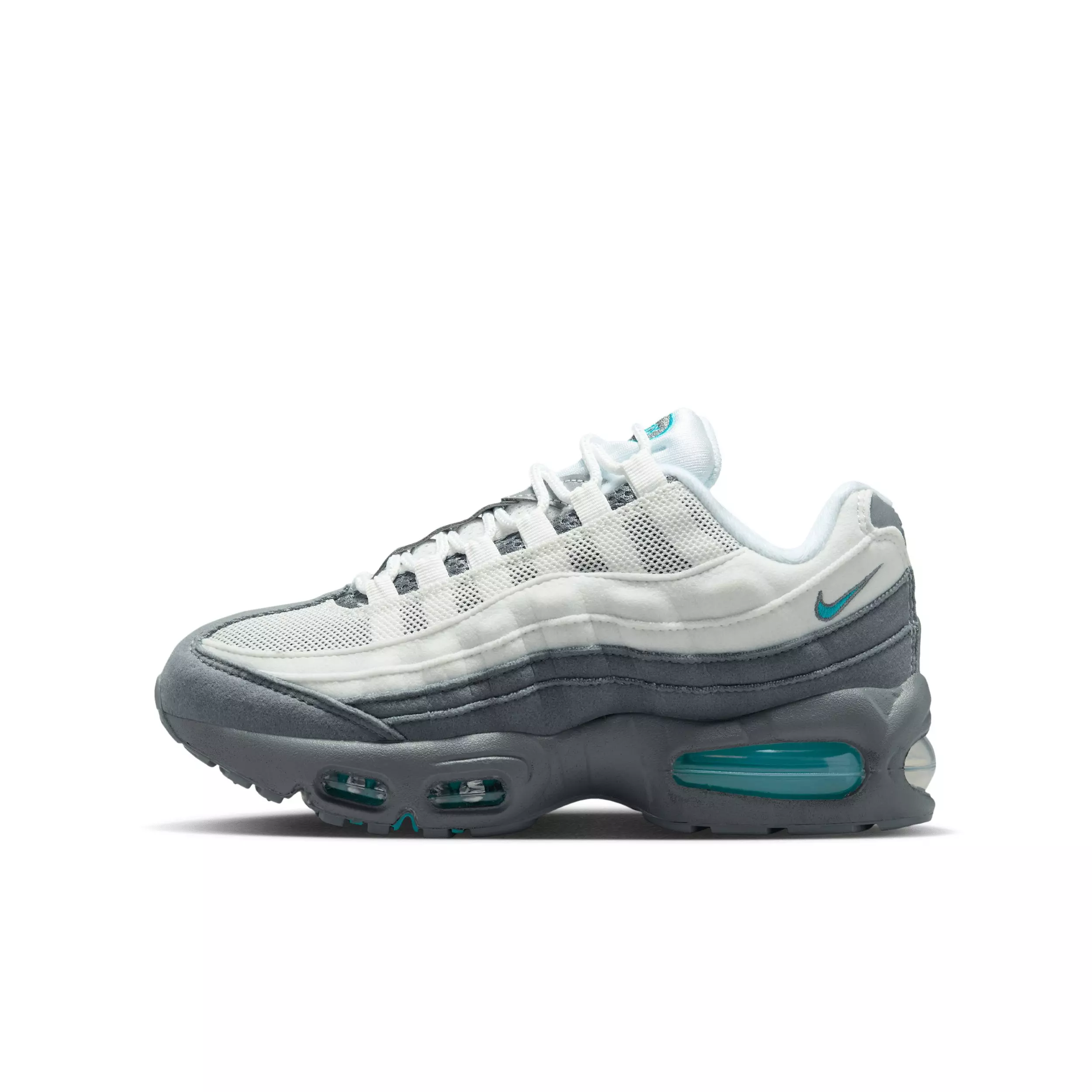 Nike Air Max 95 Big Bubble "White/Smoke Grey/Dark Smoke Grey/Dusty Cactus" Grade School Girls' Shoe - WHITE/GREY/DK GREY/CACTUS