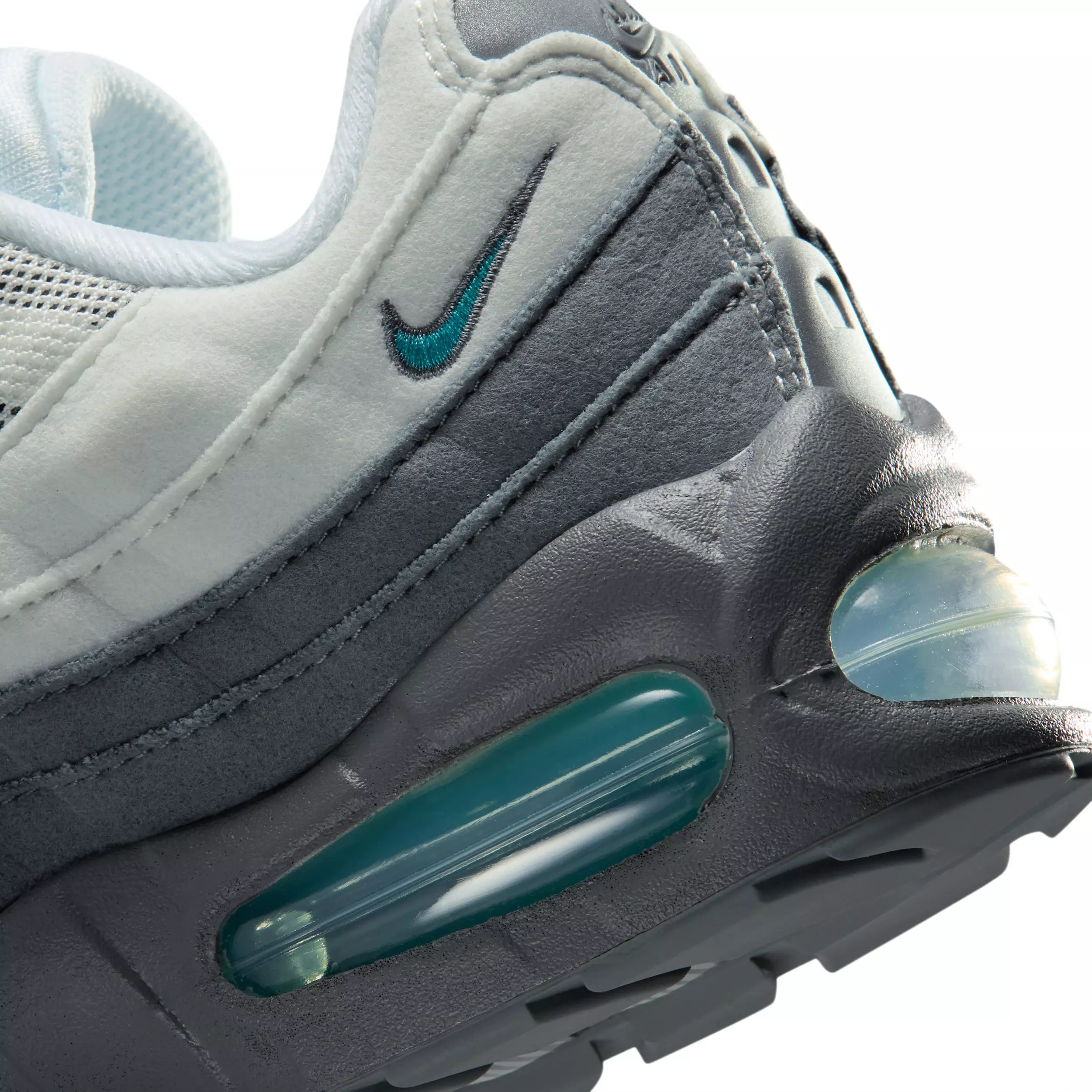 Nike Air Max 95 Big Bubble "White/Smoke Grey/Dark Smoke Grey/Dusty Cactus" Grade School Girls' Shoe - WHITE/GREY/DK GREY/CACTUS