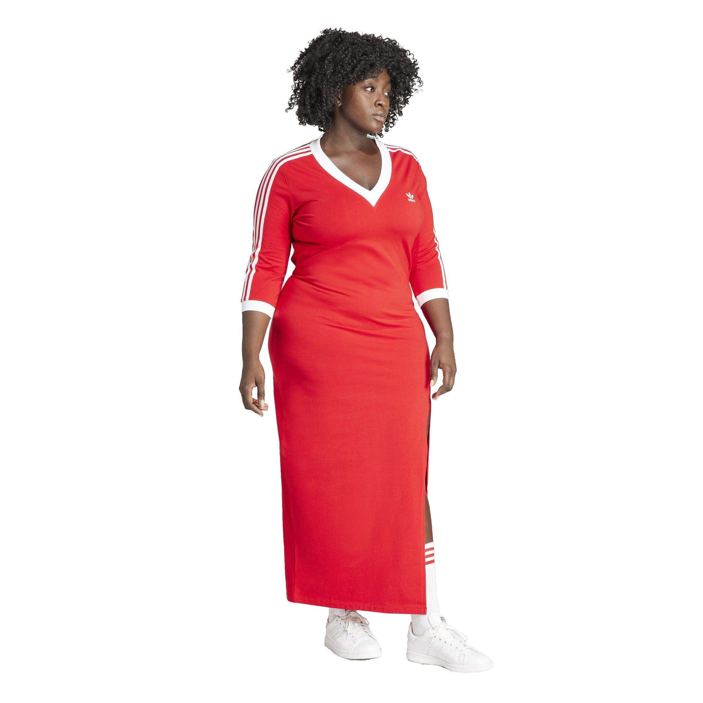 adidas Originals Women's Adicolor 3-Stripes Classics V-Neck Maxi Dress - Red - RED Thumbnail View 2