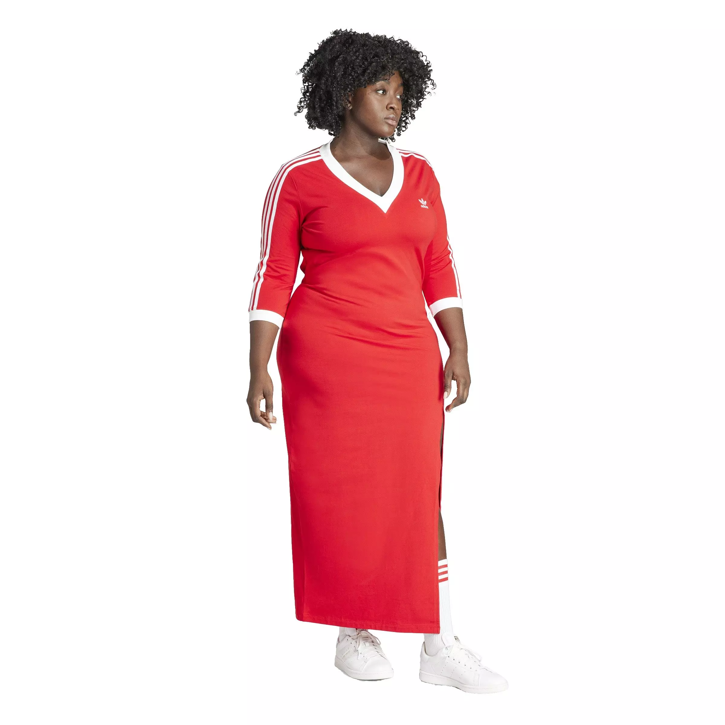 adidas Originals Women's Adicolor 3-Stripes Classics V-Neck Maxi Dress -Red - RED