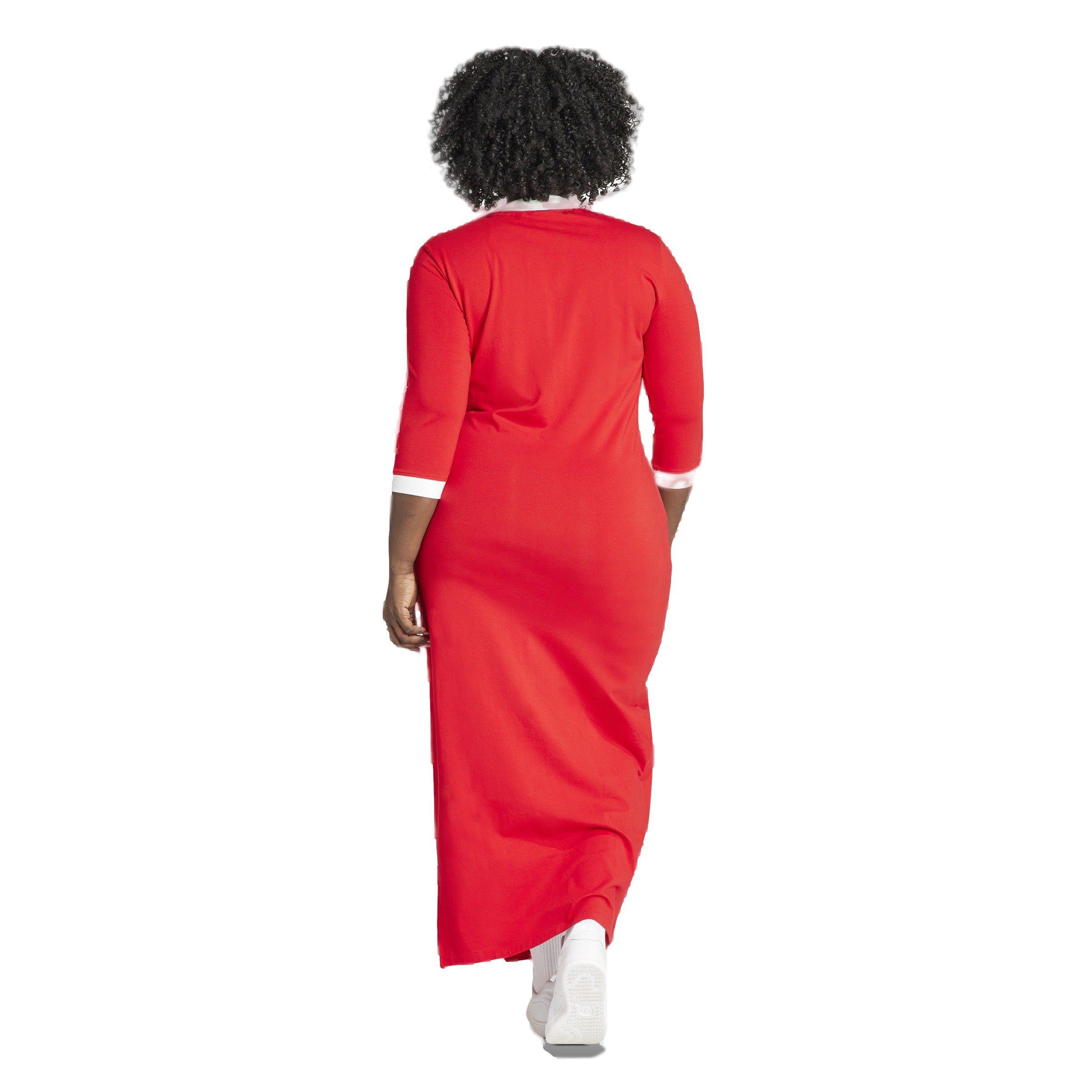 adidas Originals Women's Adicolor 3-Stripes Classics V-Neck Maxi Dress - Red - RED Thumbnail View 3