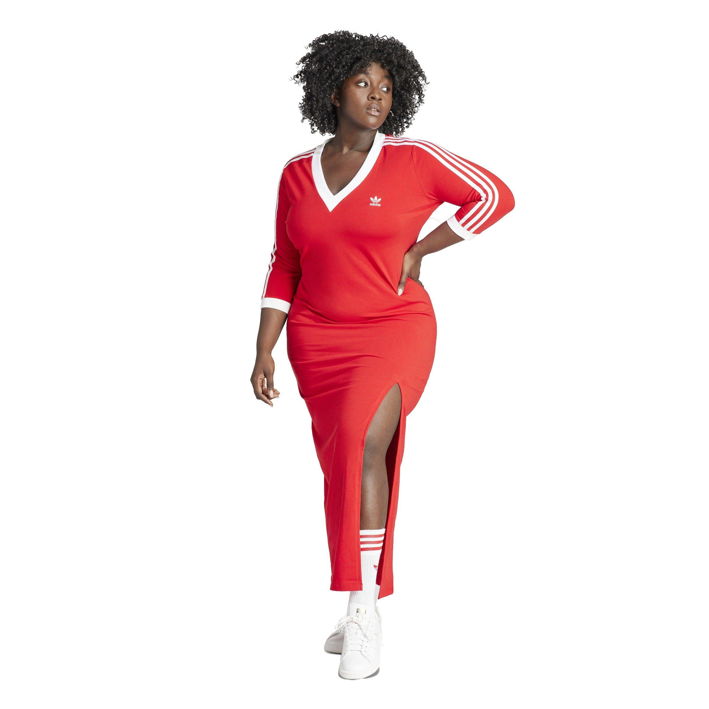 adidas Originals Women's Adicolor 3-Stripes Classics V-Neck Maxi Dress -Red - RED