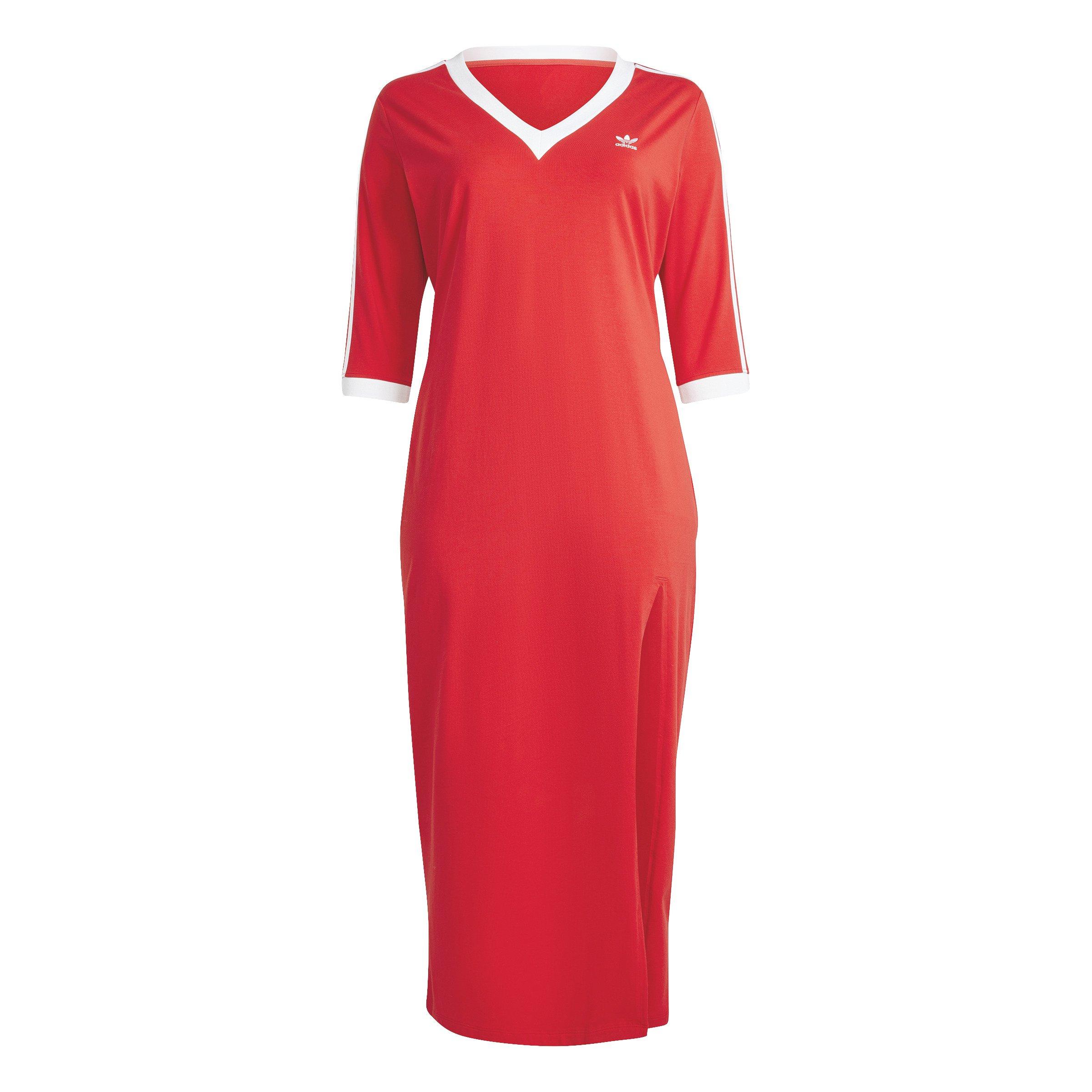 adidas Originals Women's Adicolor 3-Stripes Classics V-Neck Maxi Dress -Red - RED Thumbnail View 6