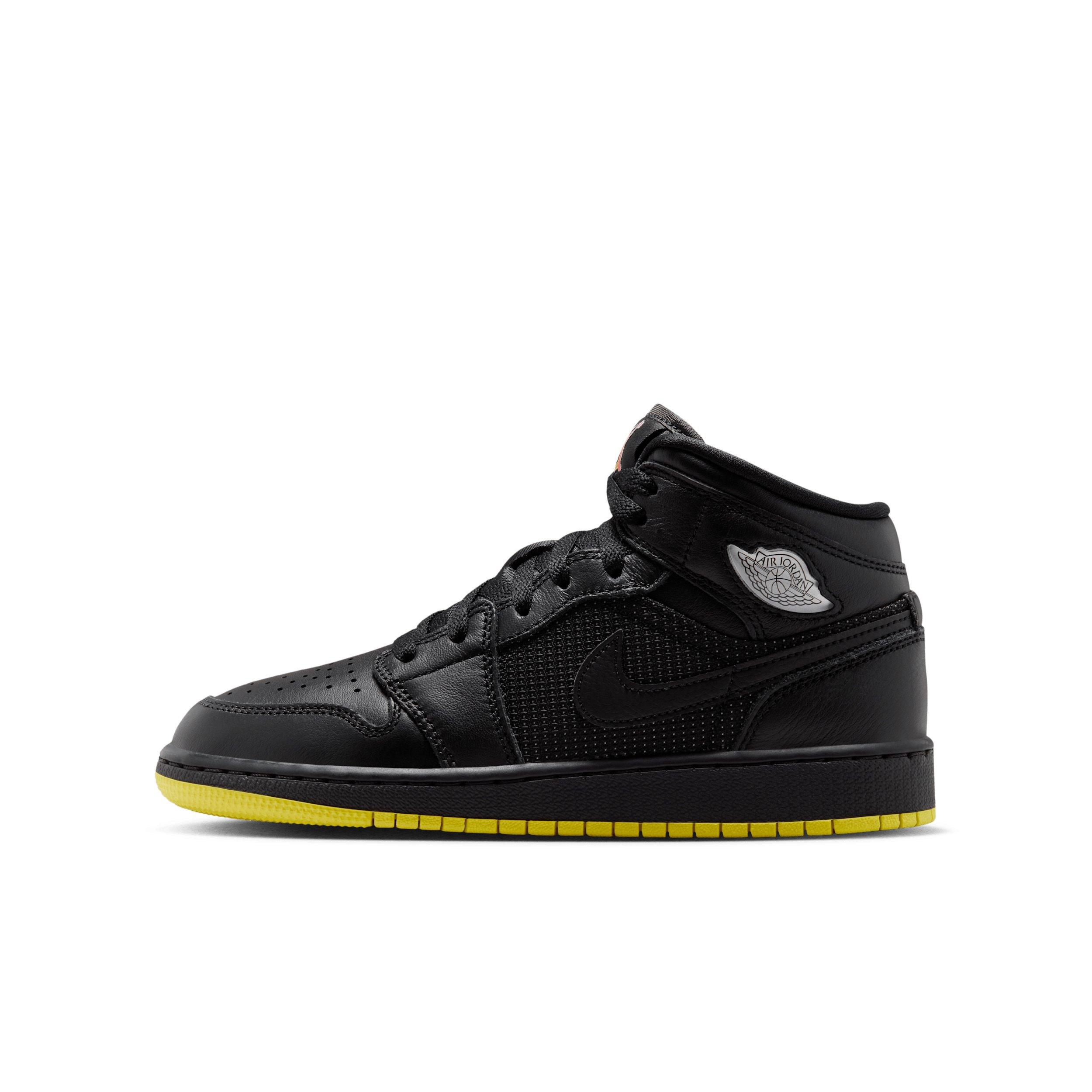 Jordan 1 Mid SE Grade School Boys' "Black/Opti Yellow/Silver" Shoe
