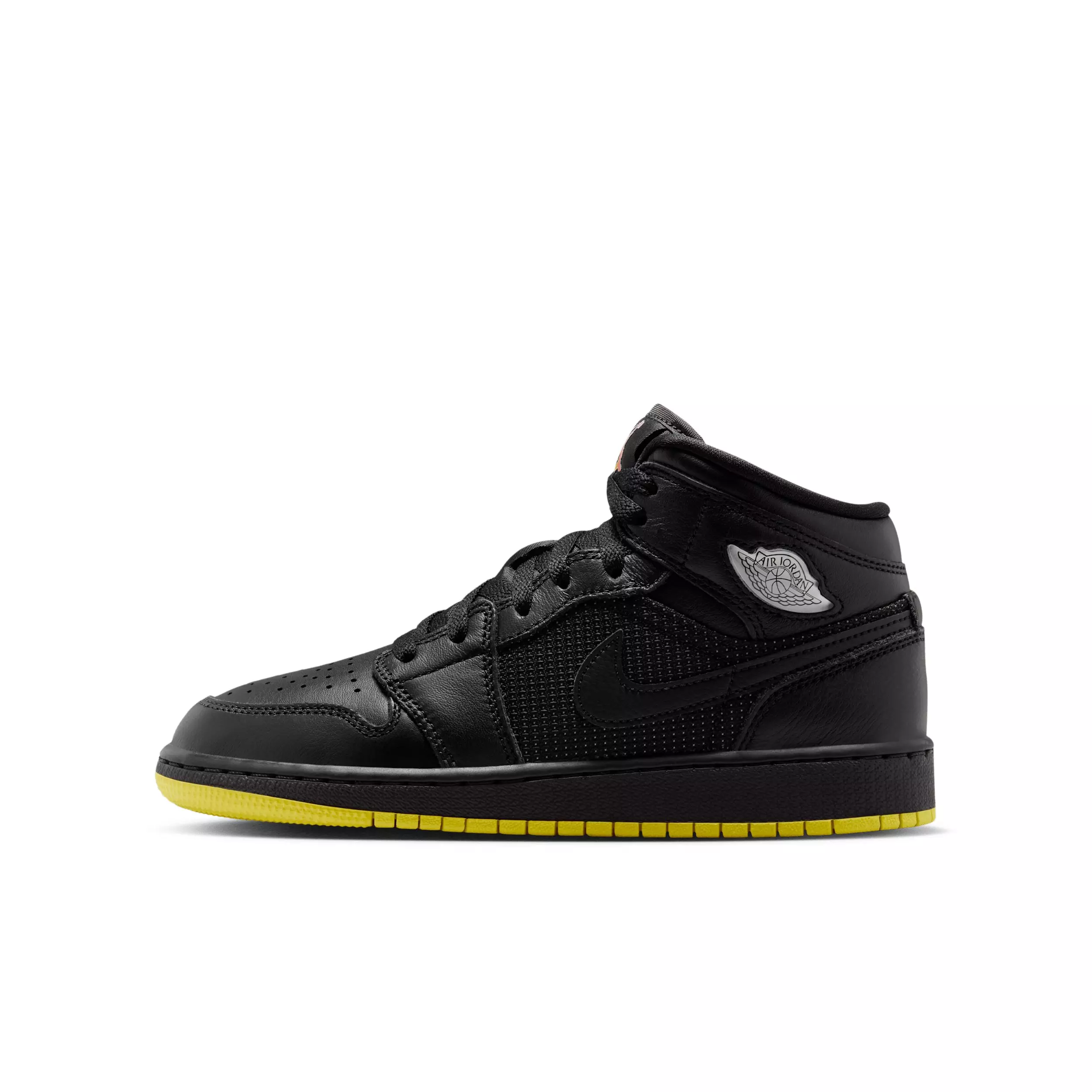 Jordan 1 Mid SE "Black/Opti Yellow/Silver" Grade School Boys' Shoe - BLACK/YELLOW/SILVER