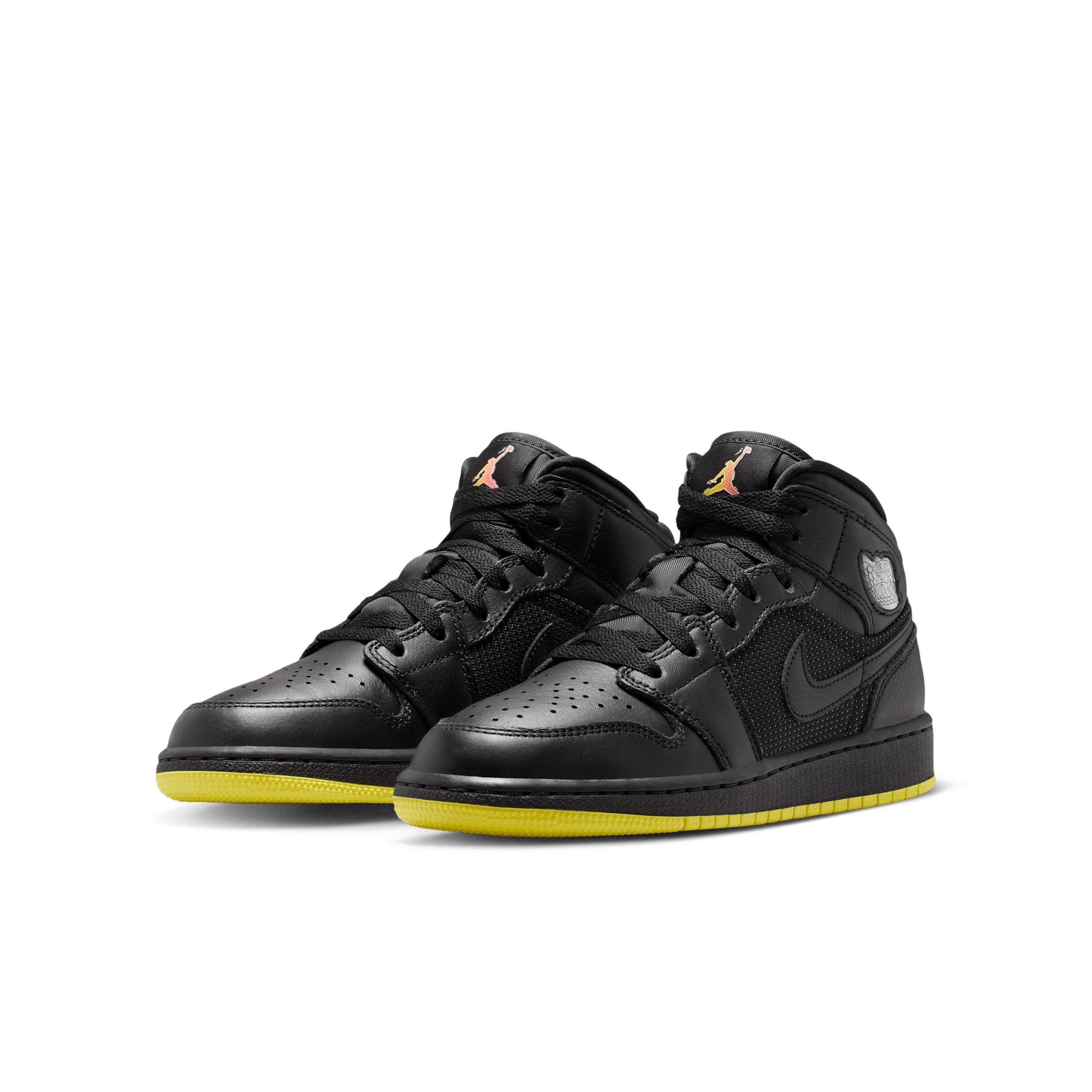 Jordan 1 Mid SE "Black/Opti Yellow/Silver" Grade School Boys' Shoe - BLACK/YELLOW/SILVER Thumbnail View 3