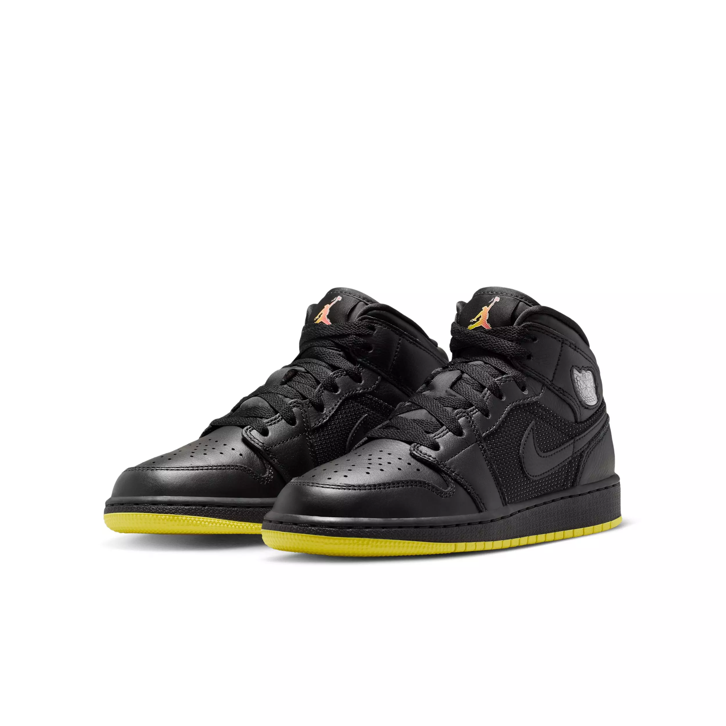 Jordan 1 Mid SE "Black/Opti Yellow/Silver" Grade School Boys' Shoe - BLACK/YELLOW/SILVER