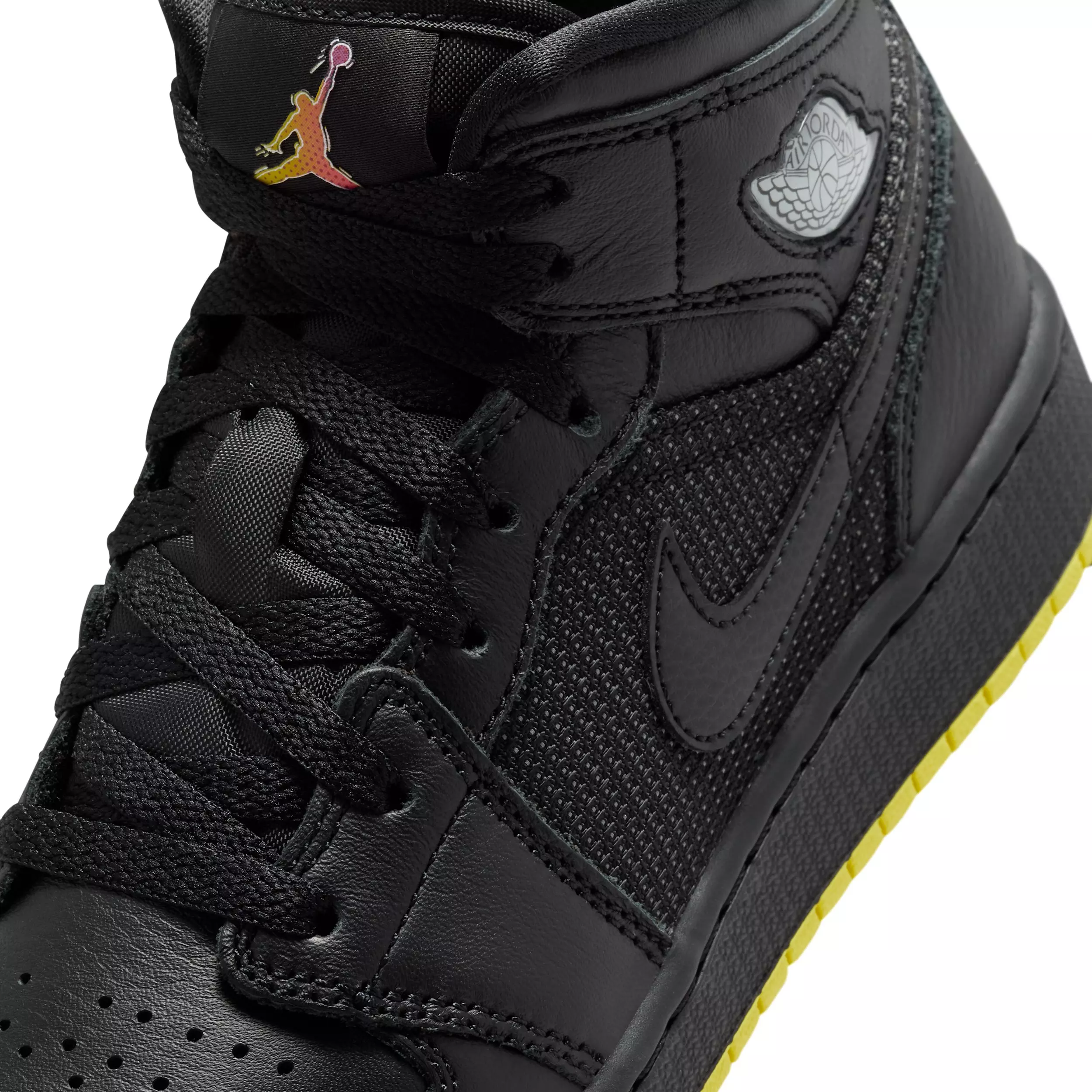 Jordan 1 Mid SE "Black/Opti Yellow/Silver" Grade School Boys' Shoe - BLACK/YELLOW/SILVER
