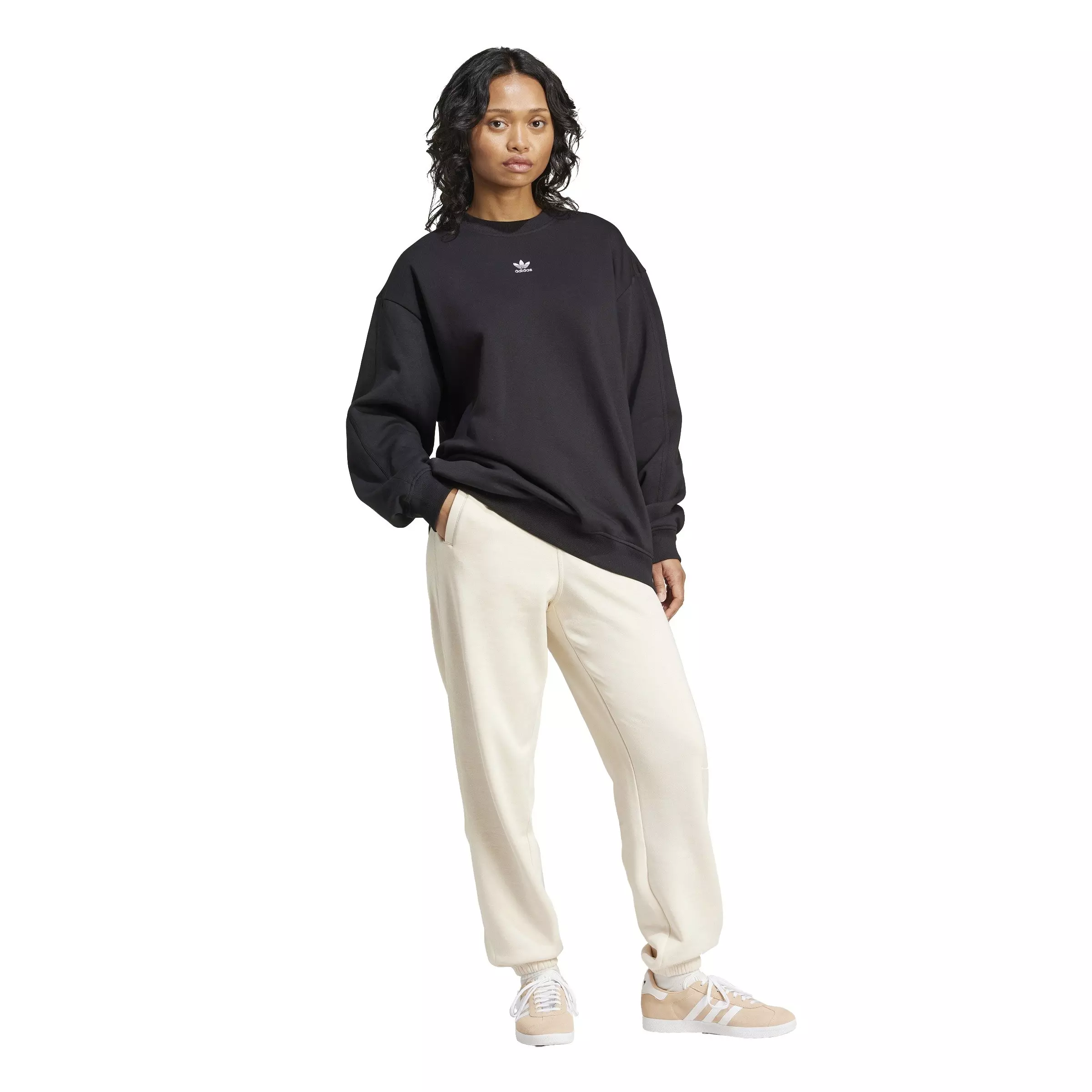 adidas Originals Women's Essentials Fleece Long Oversized Crew Sweatshirt - Black - BLACK