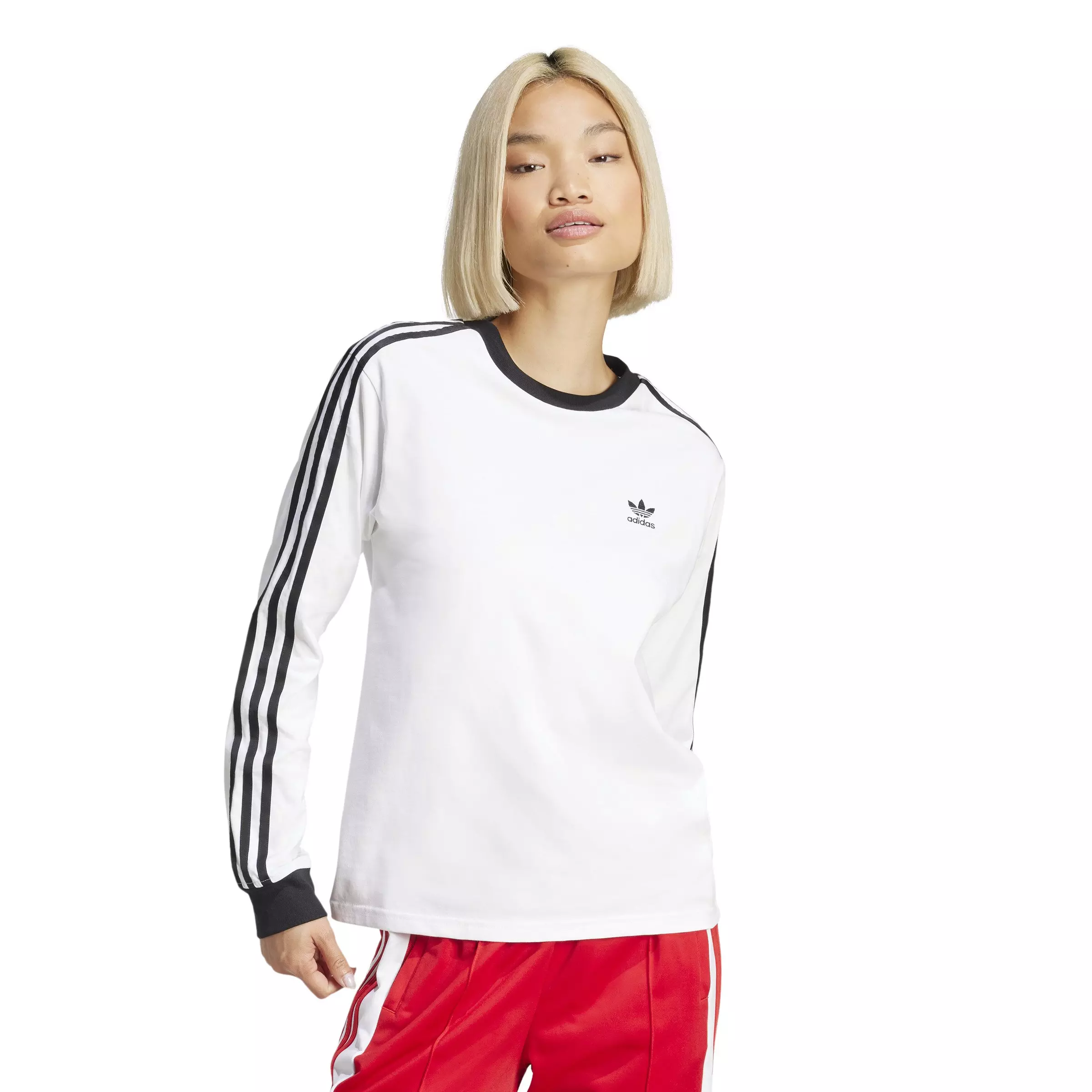 adidas Originals Women's Adicolor 3-Stripes Regular Long-Sleeve T-Shirt -White - WHITE