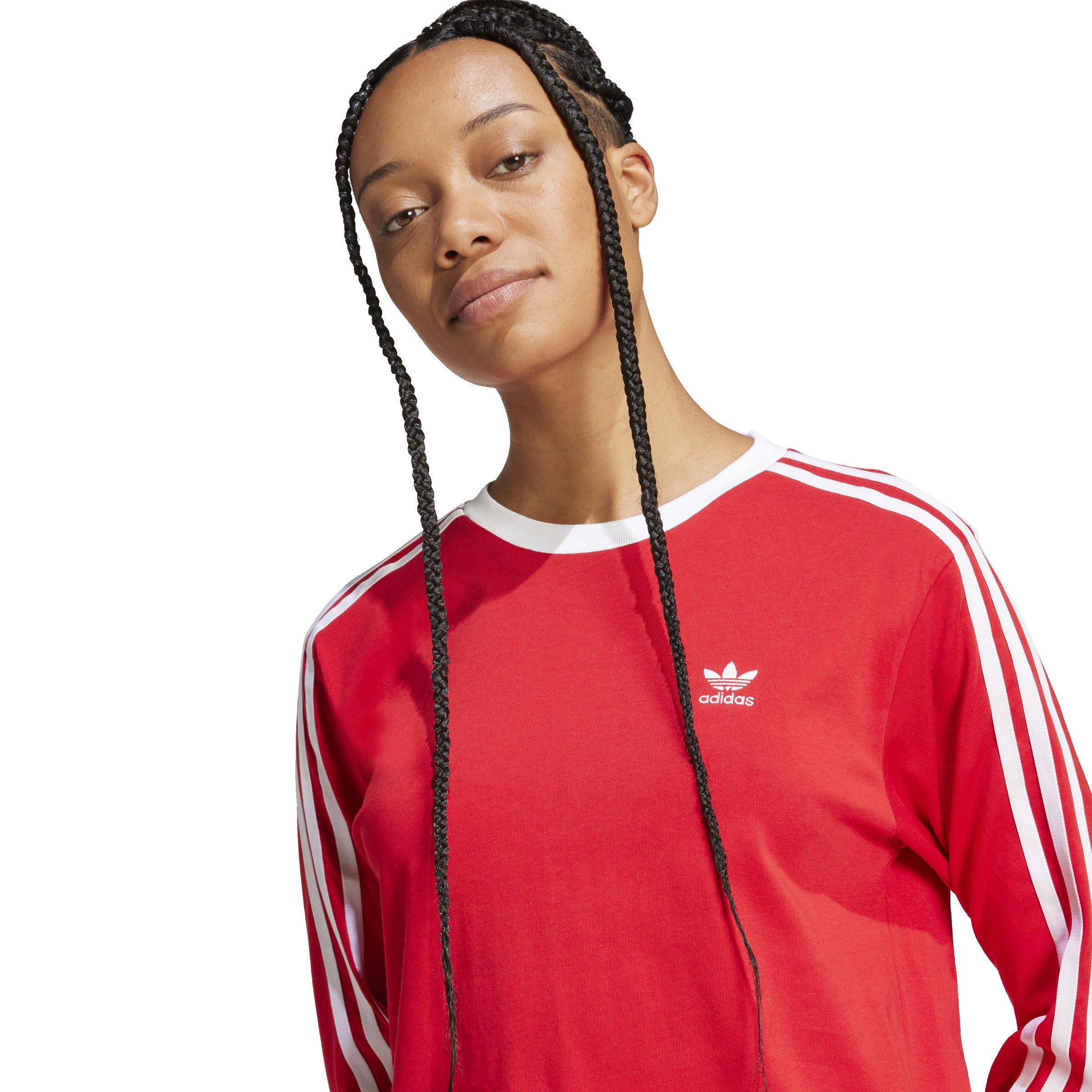 adidas Originals Women's Adicolor 3-Stripes Regular Long-Sleeve T-Shirt -Red - RED Thumbnail View 3