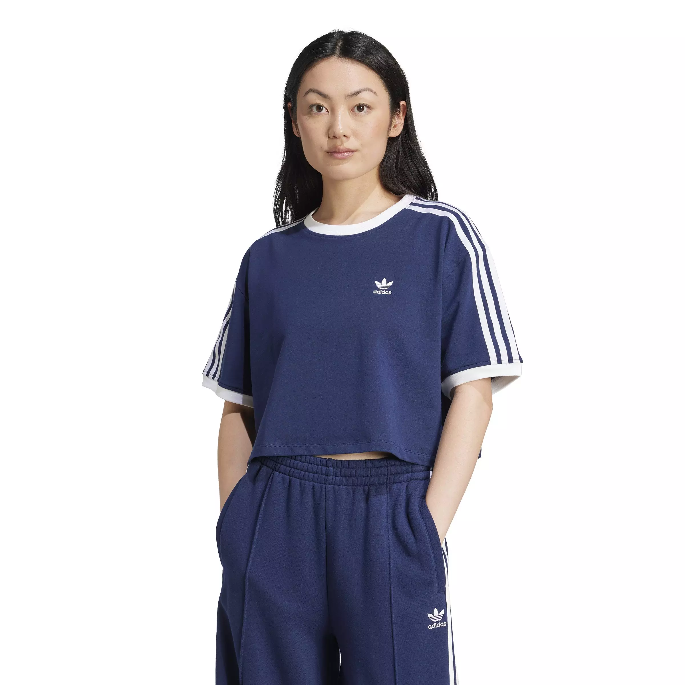 adidas Originals Women's Adicolor 3-Stripes Loose Crop Tee -Navy - NAVY