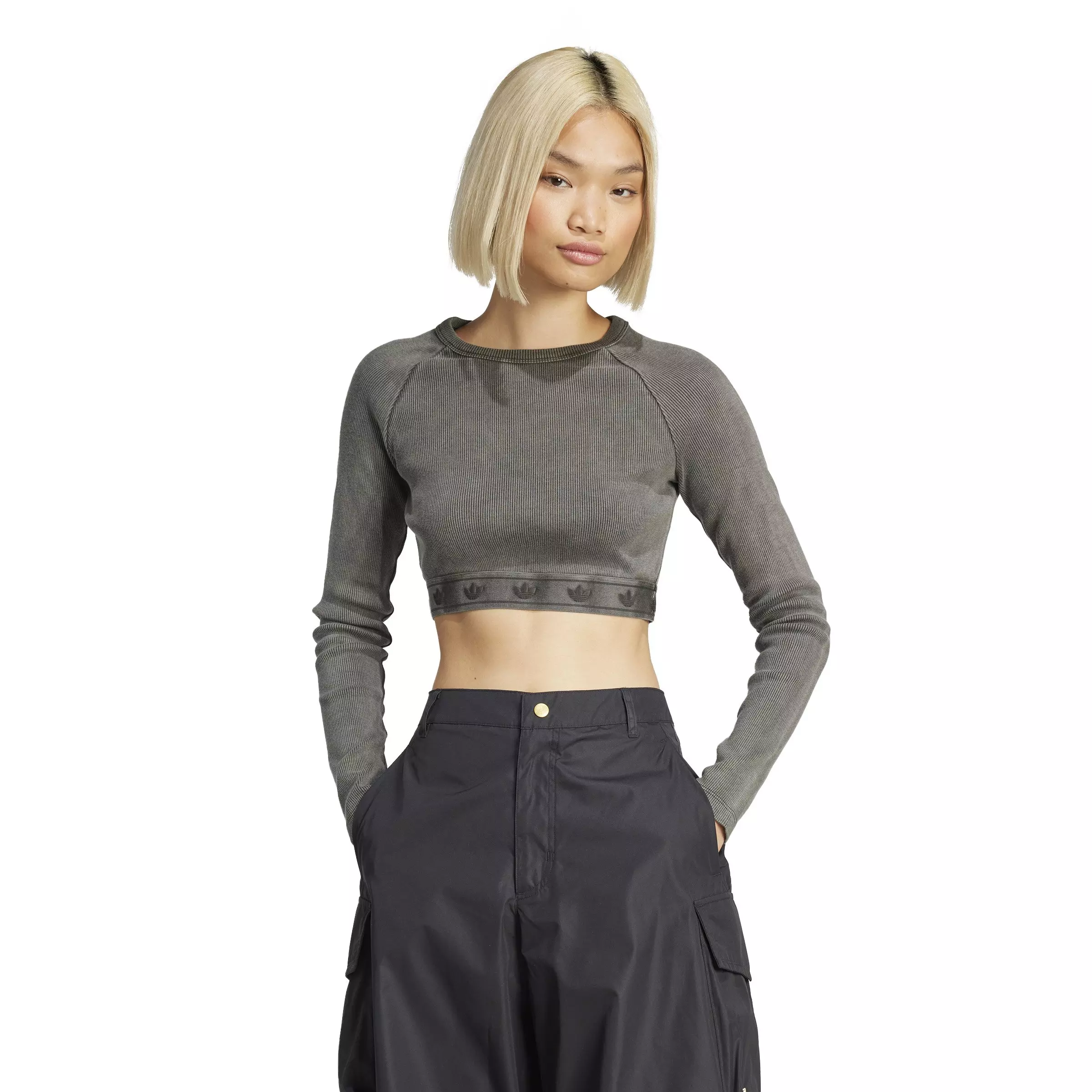 adidas Originals Women's Ribbed Long Sleeve Crop Top -Black - BLACK