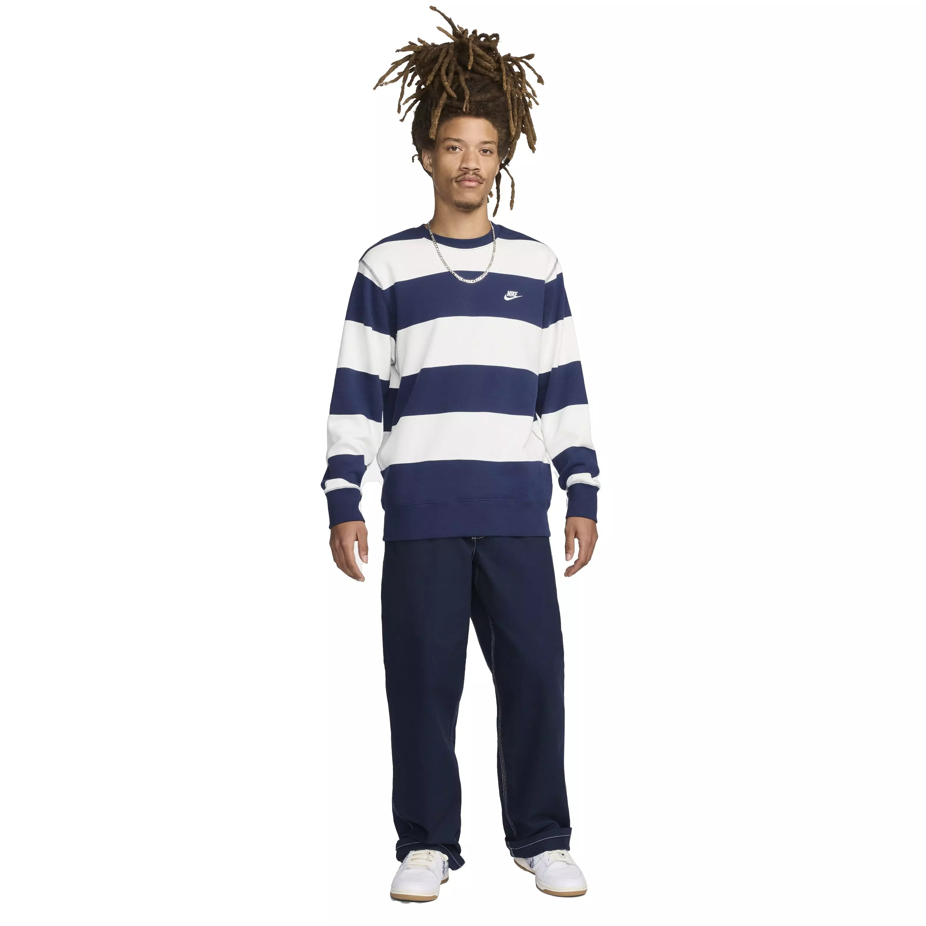 Nike Men's Club Fleece Striped Heavyweight French Terry Crew -Blue - BLUE
