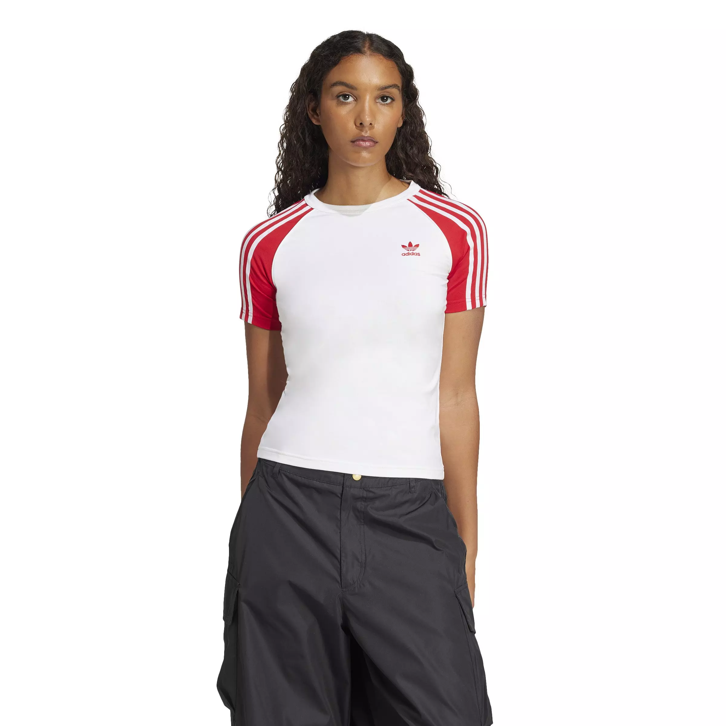 adidas Originals Women's Adicolor 3-Stripes Raglan Slim T-Shirt - White/Red - WHITE/RED