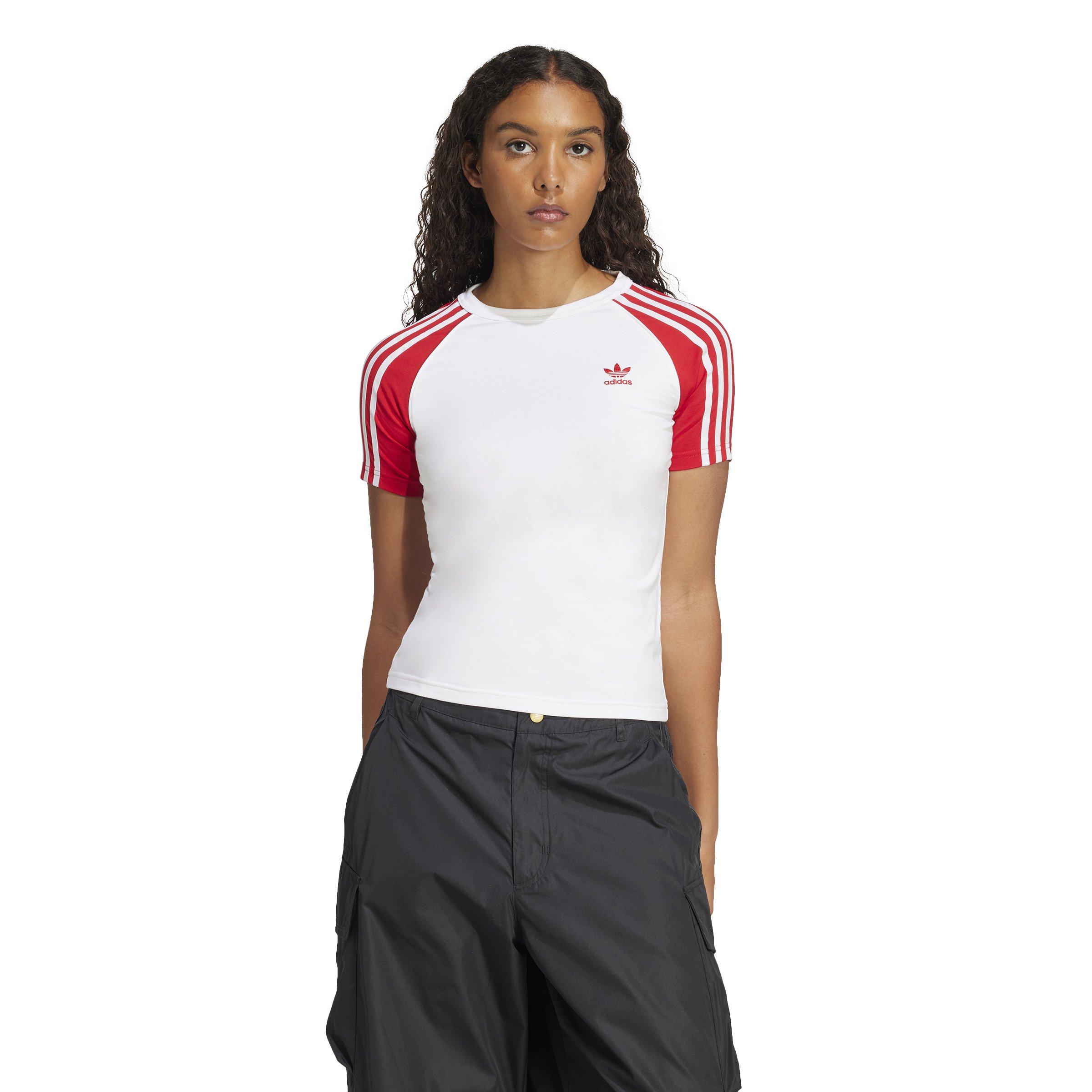 adidas Originals Women's Adicolor 3-Stripes Raglan Slim T-Shirt -White/Red - WHITE/RED