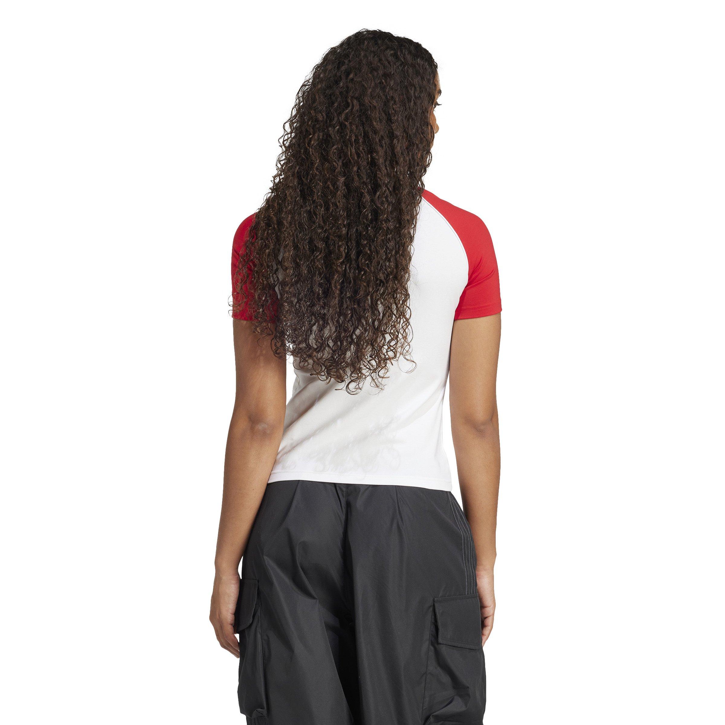 adidas Originals Women's Adicolor 3-Stripes Raglan Slim T-Shirt - White/Red - WHITE/RED Thumbnail View 2
