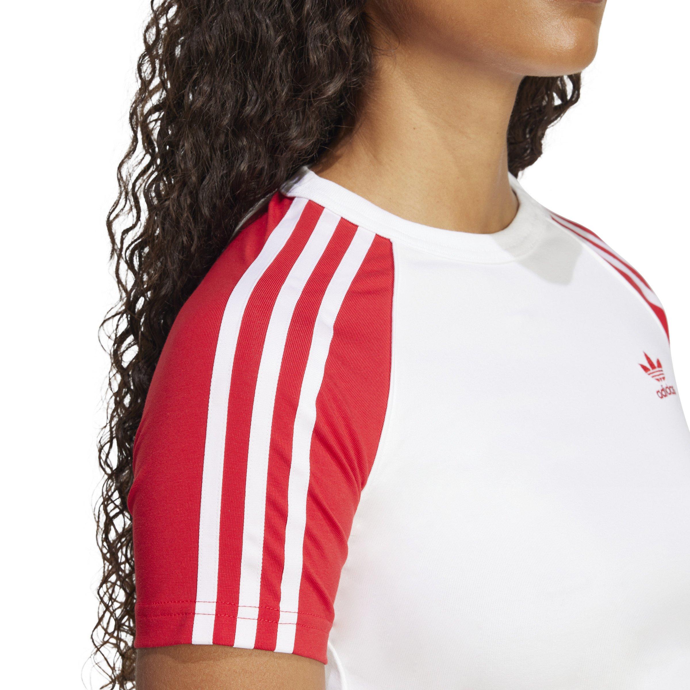 adidas Originals Women's Adicolor 3-Stripes Raglan Slim T-Shirt - White/Red - WHITE/RED Thumbnail View 3