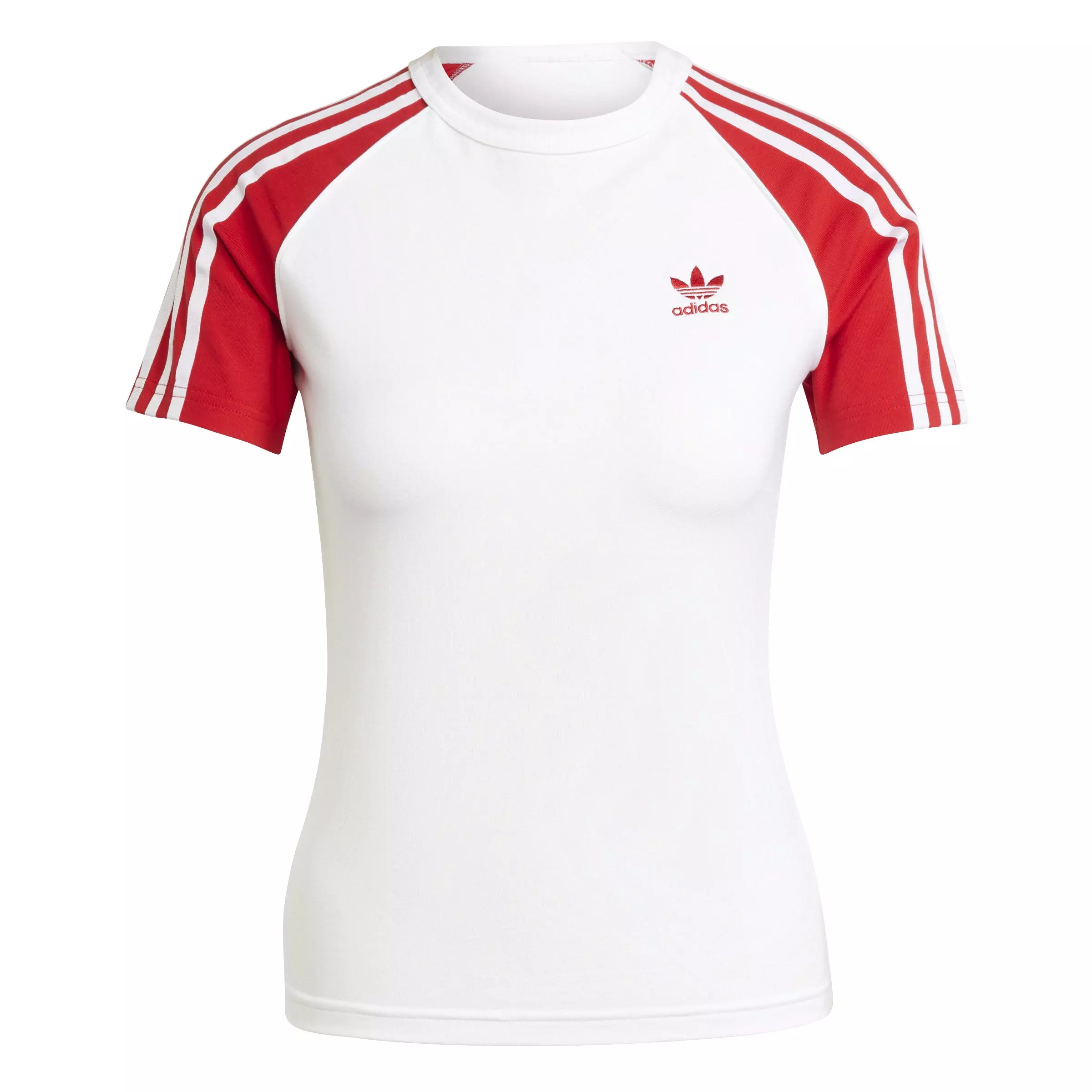 adidas Originals Women's Adicolor 3-Stripes Raglan Slim T-Shirt -White/Red - WHITE/RED
