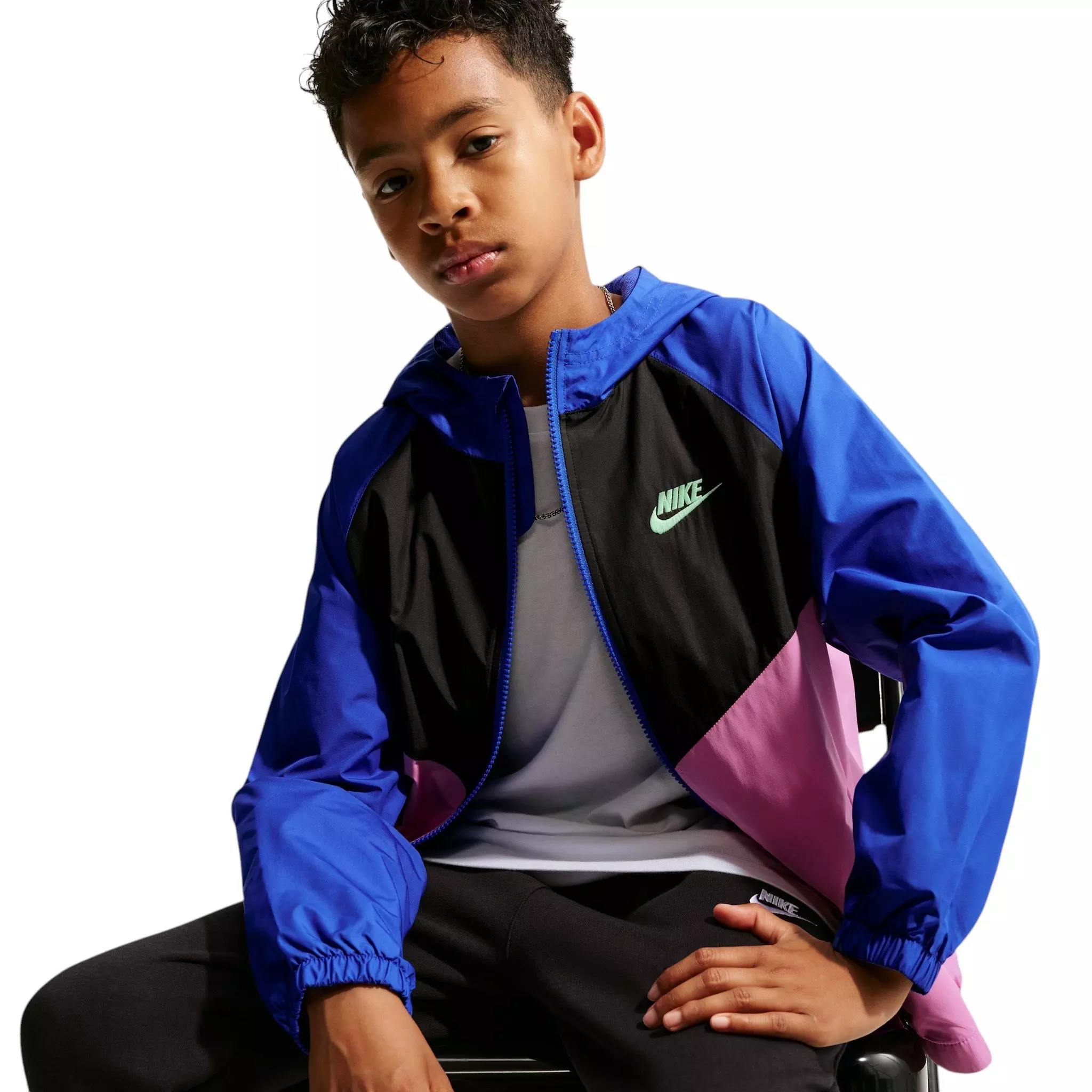 Nike Big Kids' Sportswear Windrunner Hooded Repel Jacket - Blue/Black/Pink - BLUE/BLACK/PINK