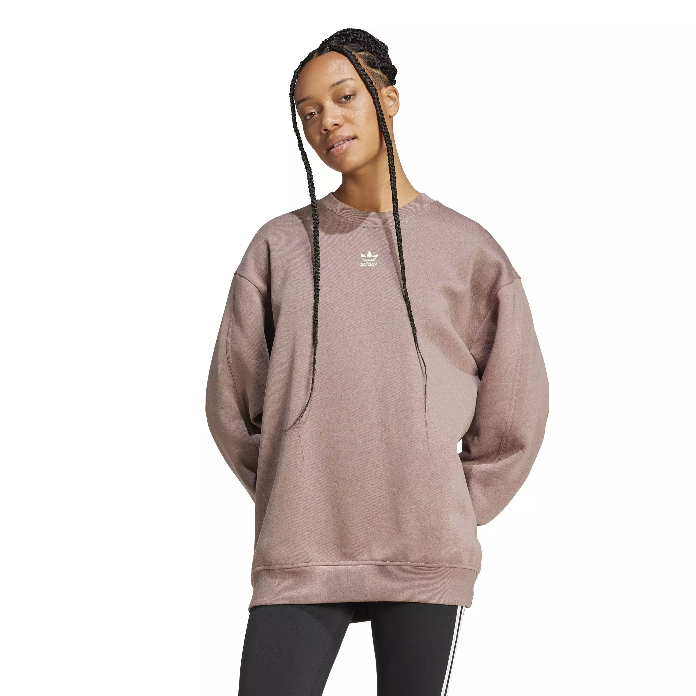 adidas Originals Women's Essentials Fleece Long Oversized Crew Sweatshirt - Brown - BROWN