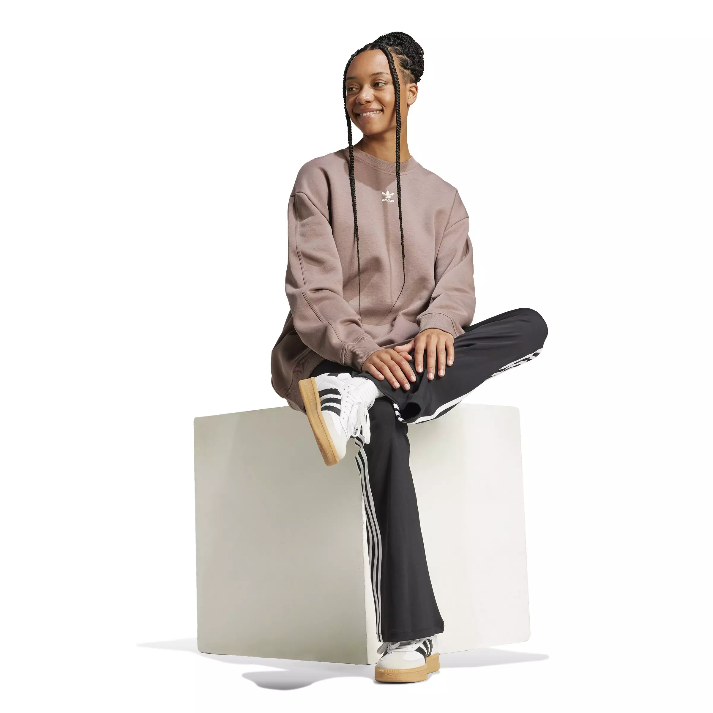 adidas Originals Women's Essentials Fleece Long Oversized Crew Sweatshirt -Brown - BROWN