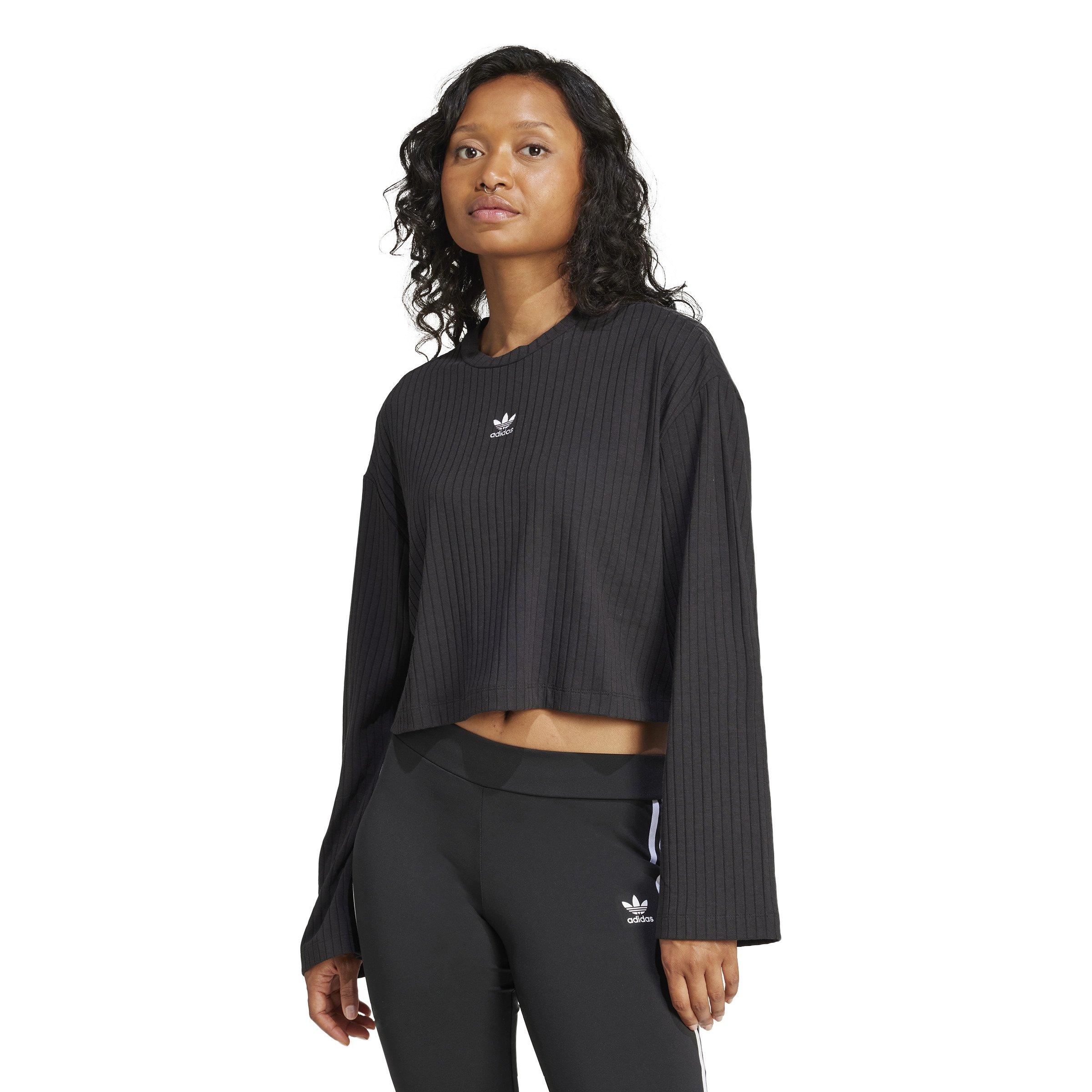 adidas Originals Women's Essentials Wide Rib Long Sleeve Cropped Tee -Black - BLACK Thumbnail View 1