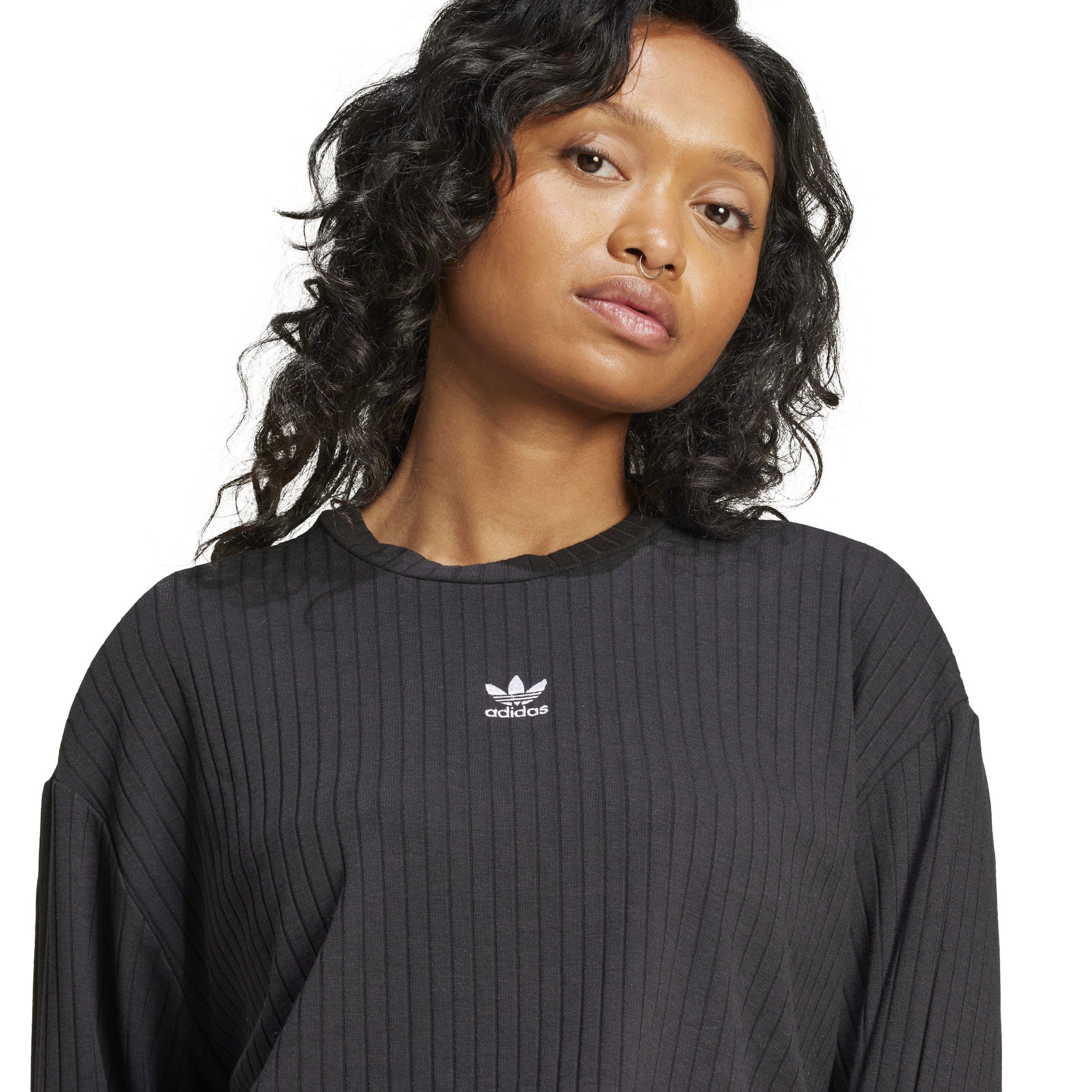 adidas Originals Women's Essentials Wide Rib Long Sleeve Cropped Tee -Black - BLACK Thumbnail View 3