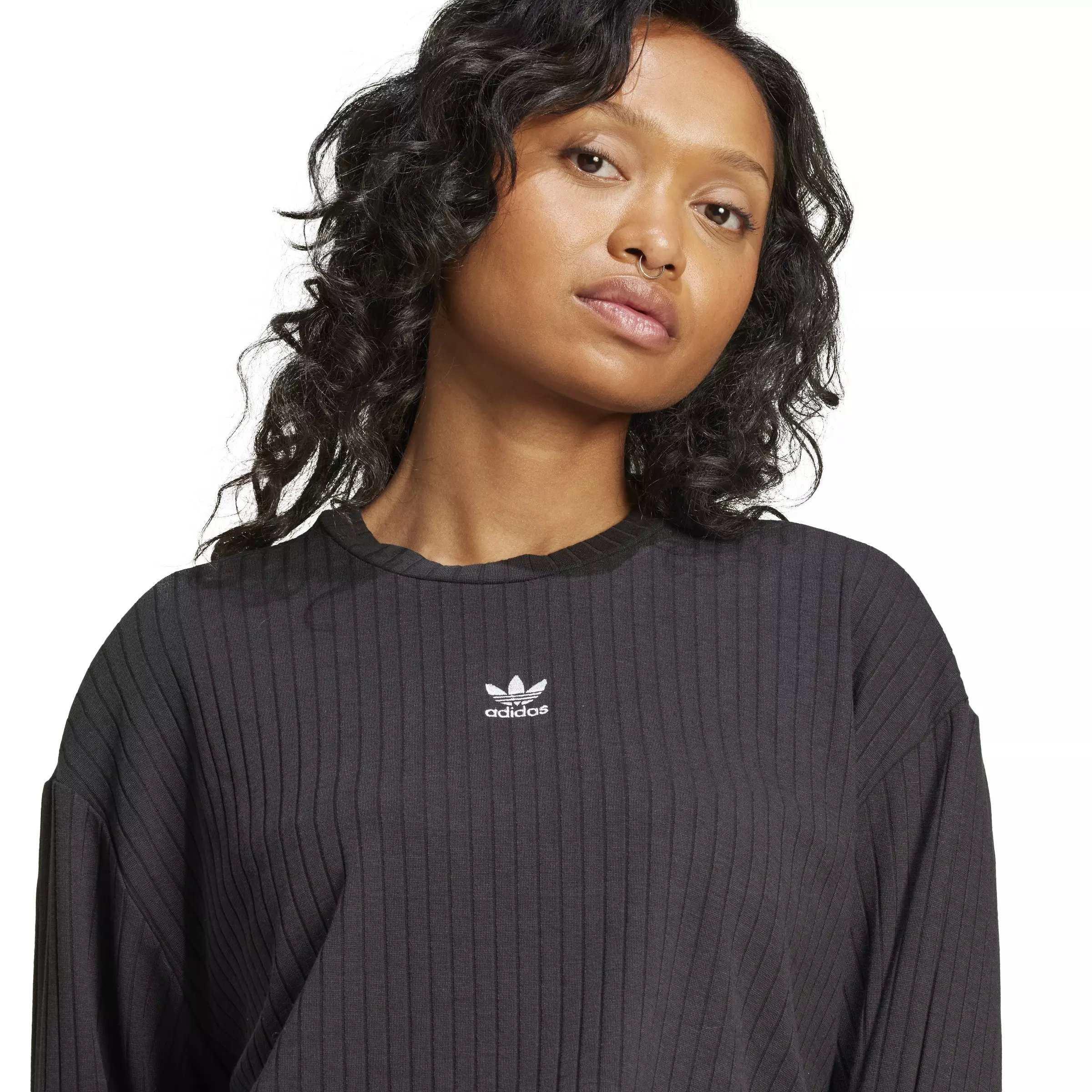 adidas Originals Women's Essentials Wide Rib Long Sleeve Cropped Tee -Black - BLACK