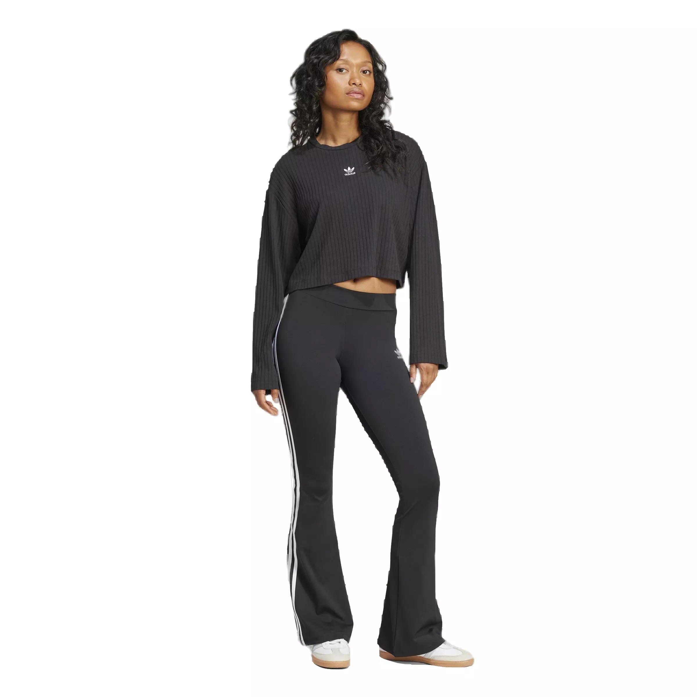 adidas Originals Women's Essentials Wide Rib Long Sleeve Cropped Tee -Black - BLACK