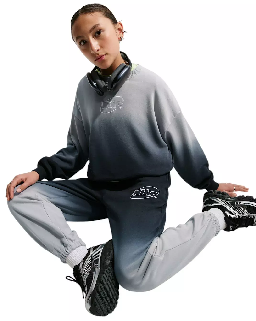 Nike Big Girls' Sportswear Studio Fleece Ombre Loose Pants - Black/Lt Smoke Grey - BLACK/LT SMOKE GREY